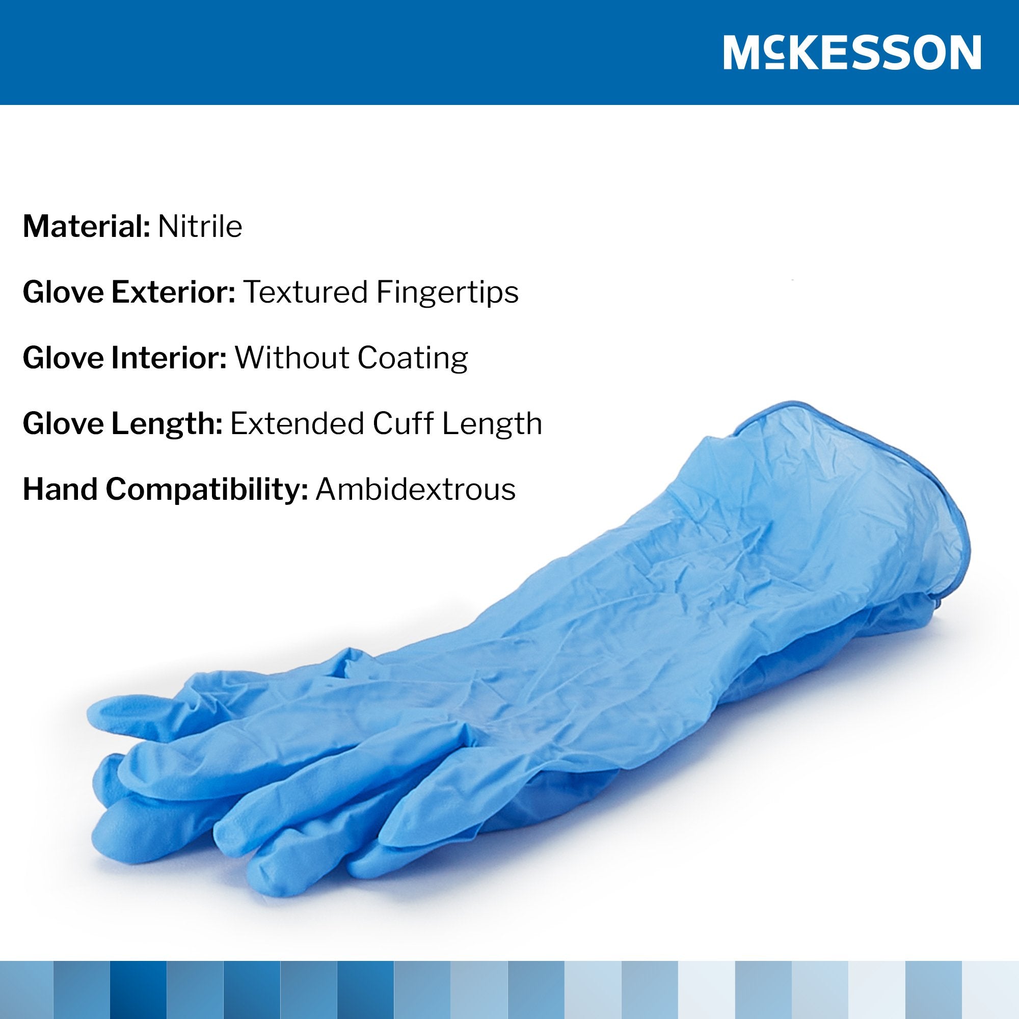 exam glove mckesson confiderm 6 5cx medium nonsterile nitrile extended cuff length textured fingertips blue chemo tested packaging type box