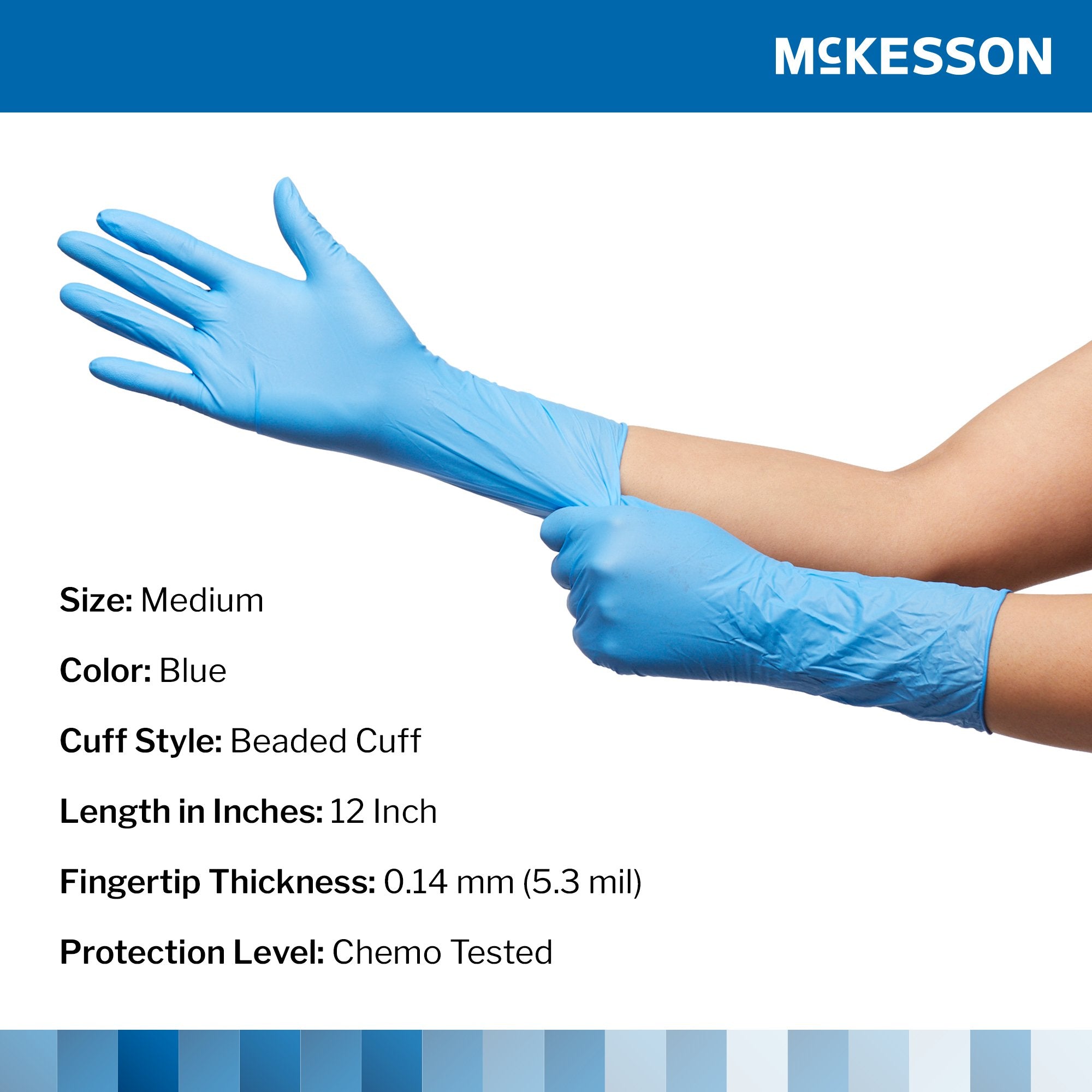 exam glove mckesson confiderm 6 5cx medium nonsterile nitrile extended cuff length textured fingertips blue chemo tested packaging type box