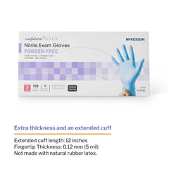 exam glove mckesson confiderm 6 5cx small nonsterile nitrile extended cuff length textured fingertips blue chemo tested packaging type box