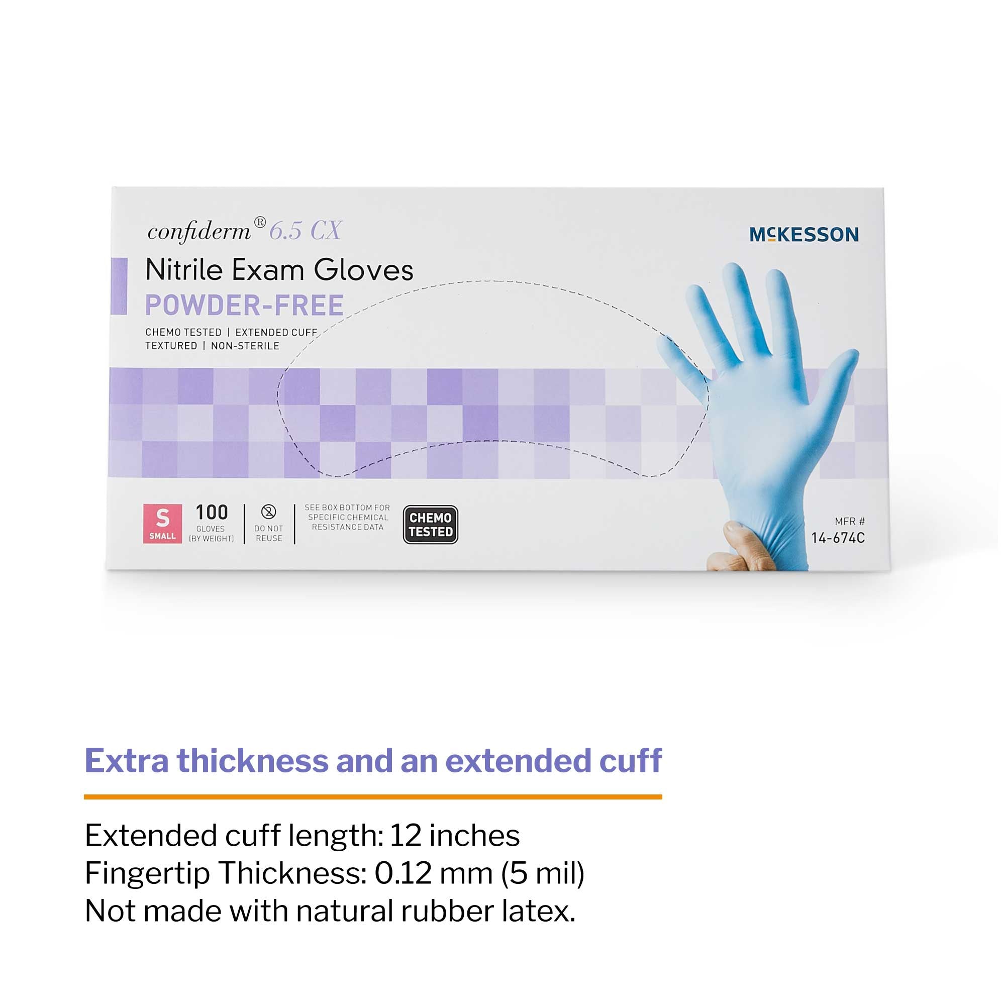 exam glove mckesson confiderm 6 5cx small nonsterile nitrile extended cuff length textured fingertips blue chemo tested packaging type box