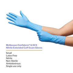 exam glove mckesson confiderm 6 5cx small nonsterile nitrile extended cuff length textured fingertips blue chemo tested packaging type box