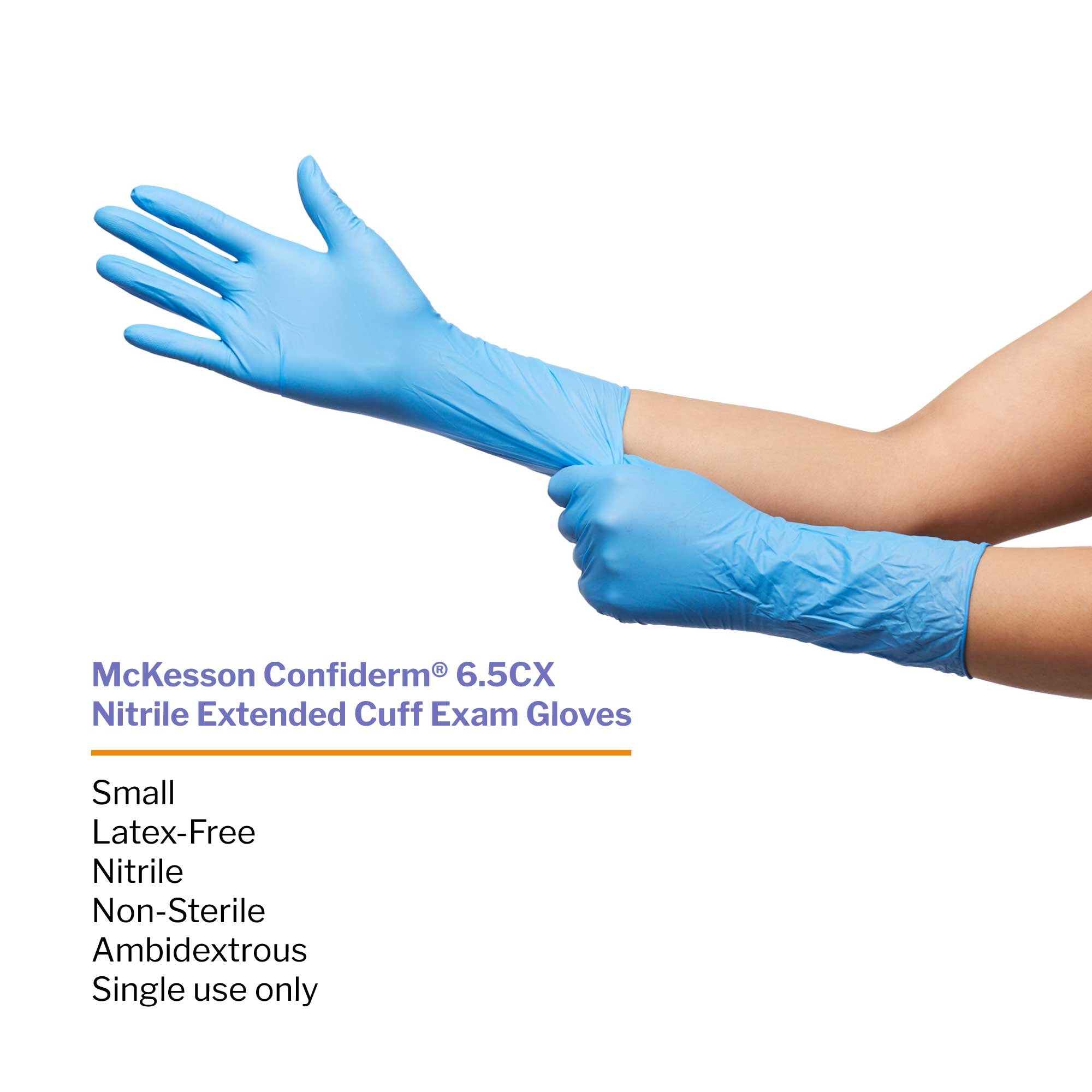 exam glove mckesson confiderm 6 5cx small nonsterile nitrile extended cuff length textured fingertips blue chemo tested packaging type box