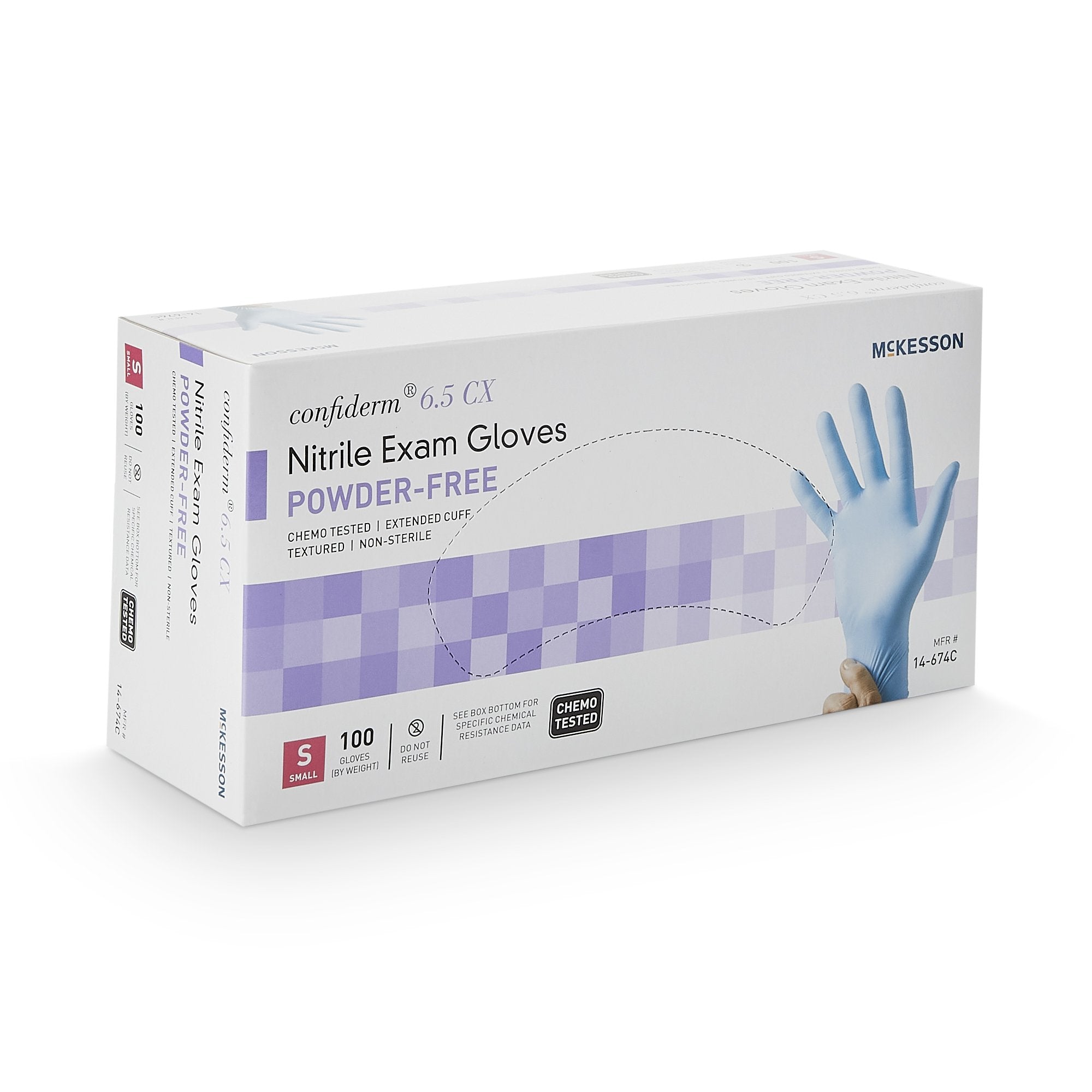 exam glove mckesson confiderm 6 5cx small nonsterile nitrile extended cuff length textured fingertips blue chemo tested packaging type box