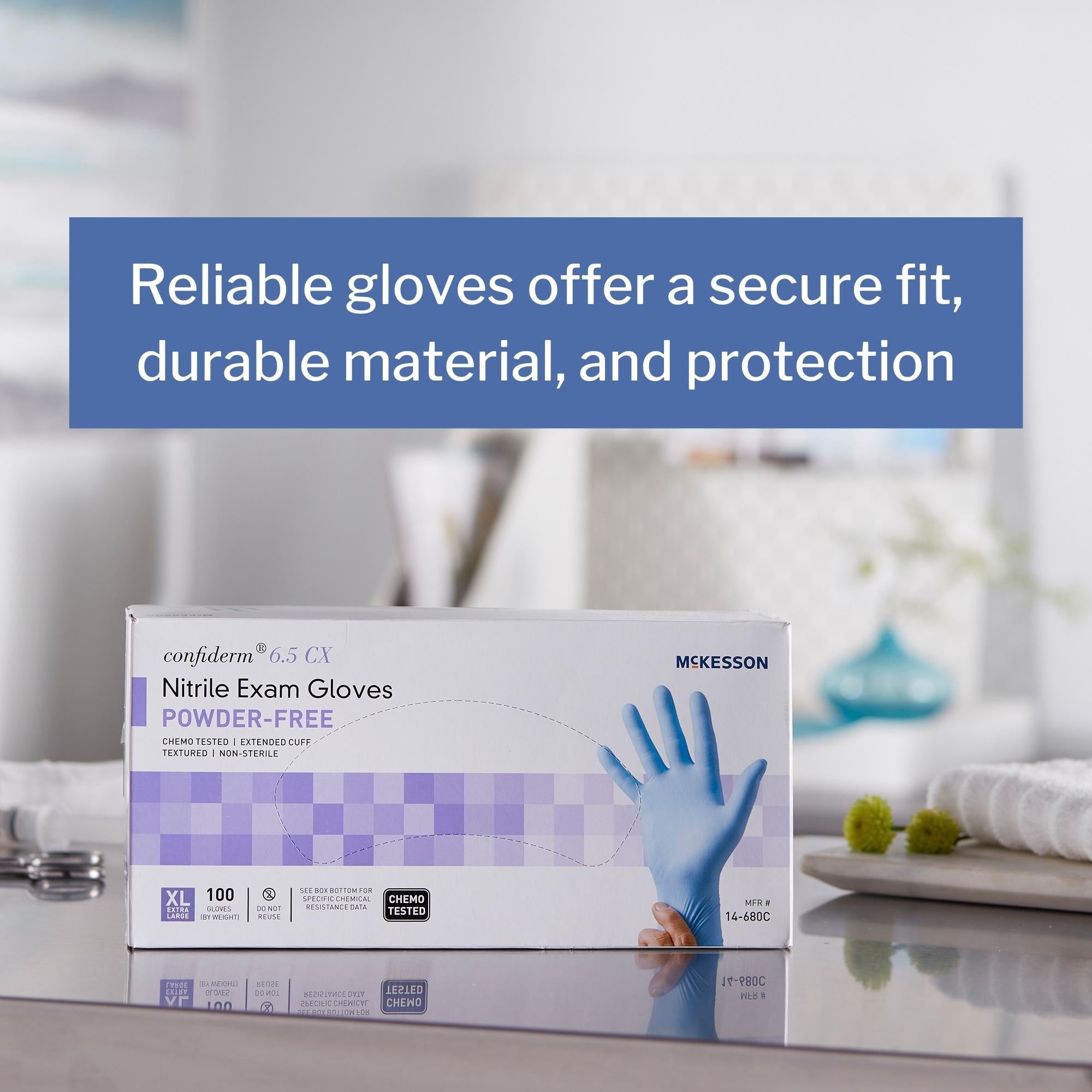 exam glove mckesson confiderm 6 5cx x large nonsterile nitrile extended cuff length textured fingertips blue chemo tested packaging type box