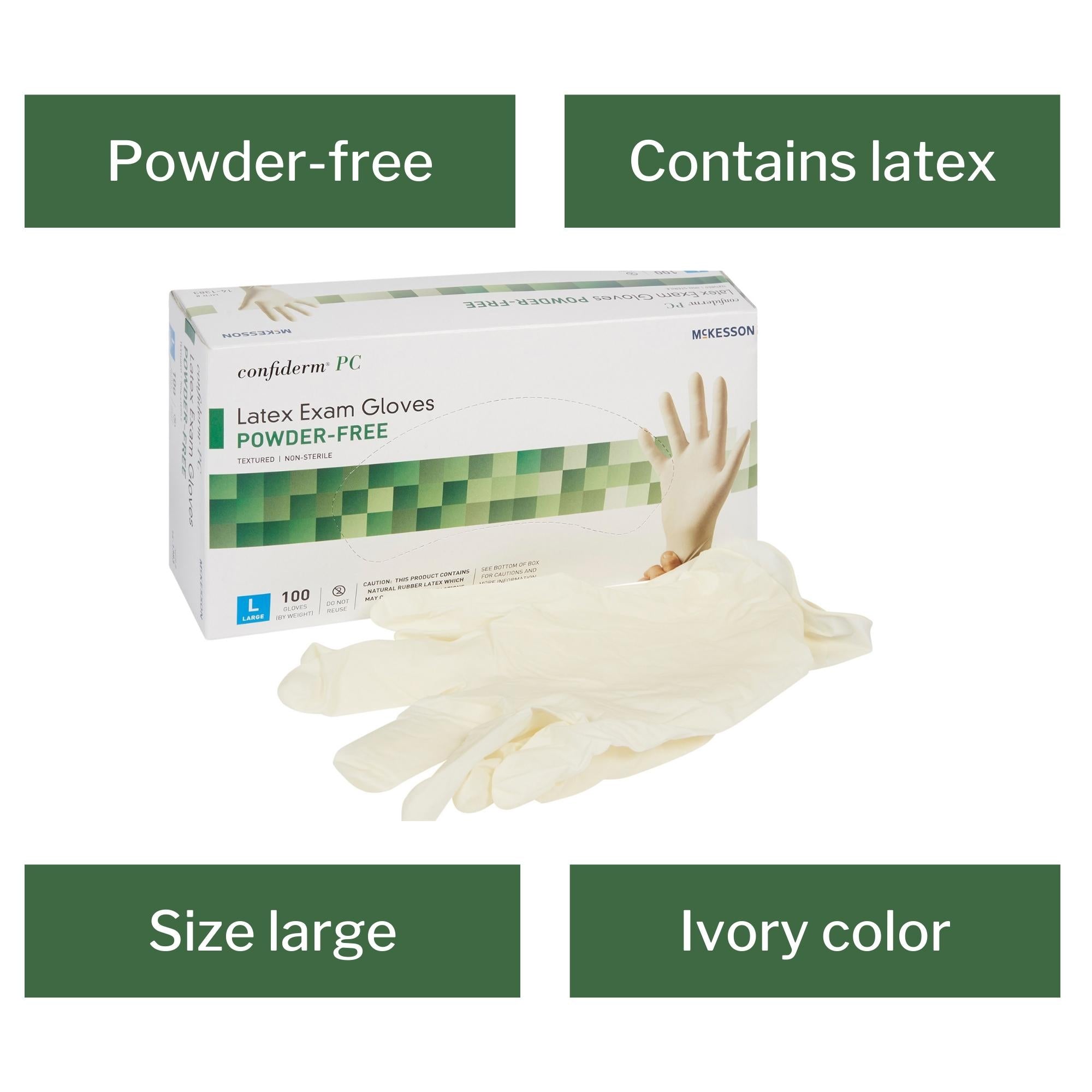 exam glove mckesson confiderm large nonsterile latex standard cuff length fully textured ivory not rated packaging type box