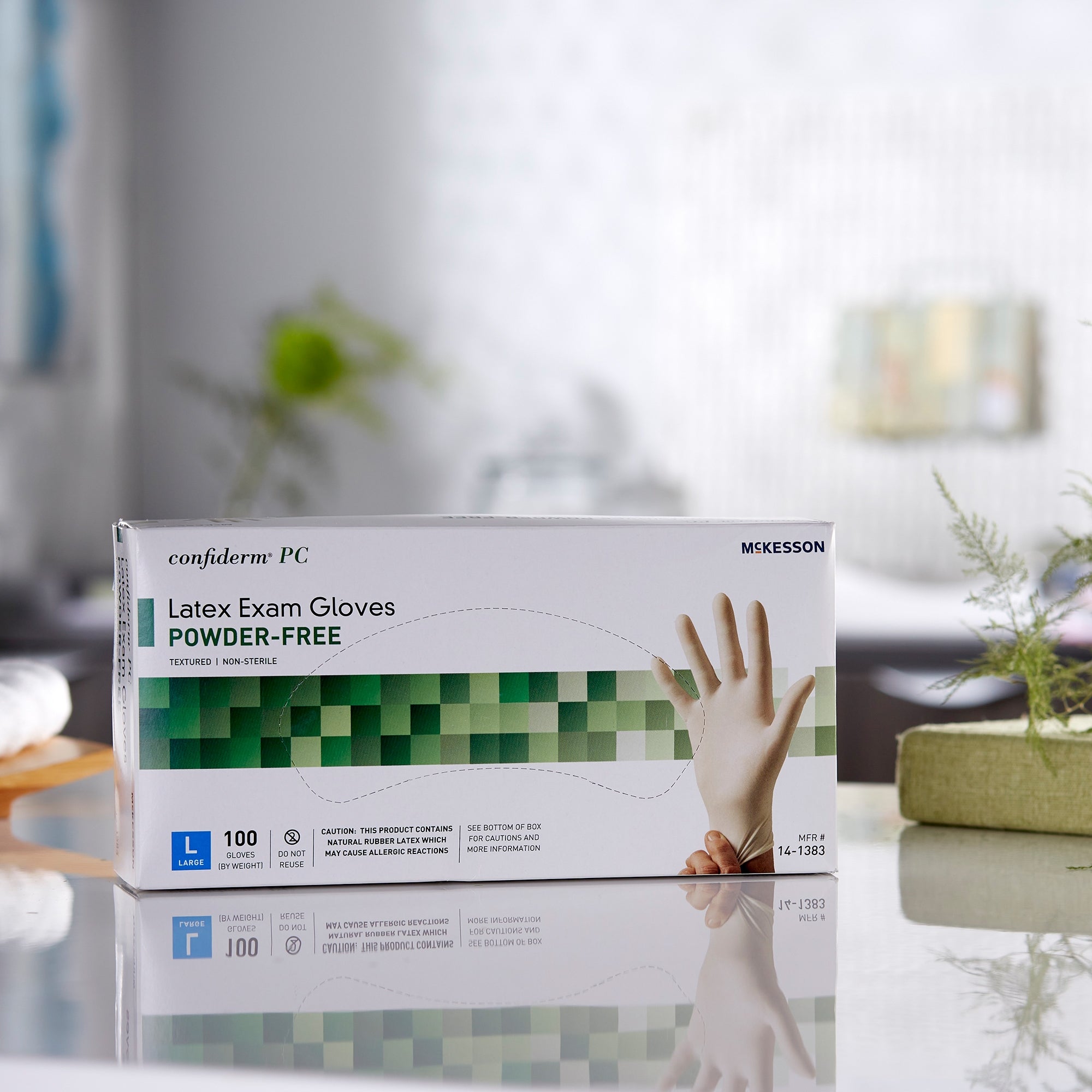 exam glove mckesson confiderm large nonsterile latex standard cuff length fully textured ivory not rated packaging type box