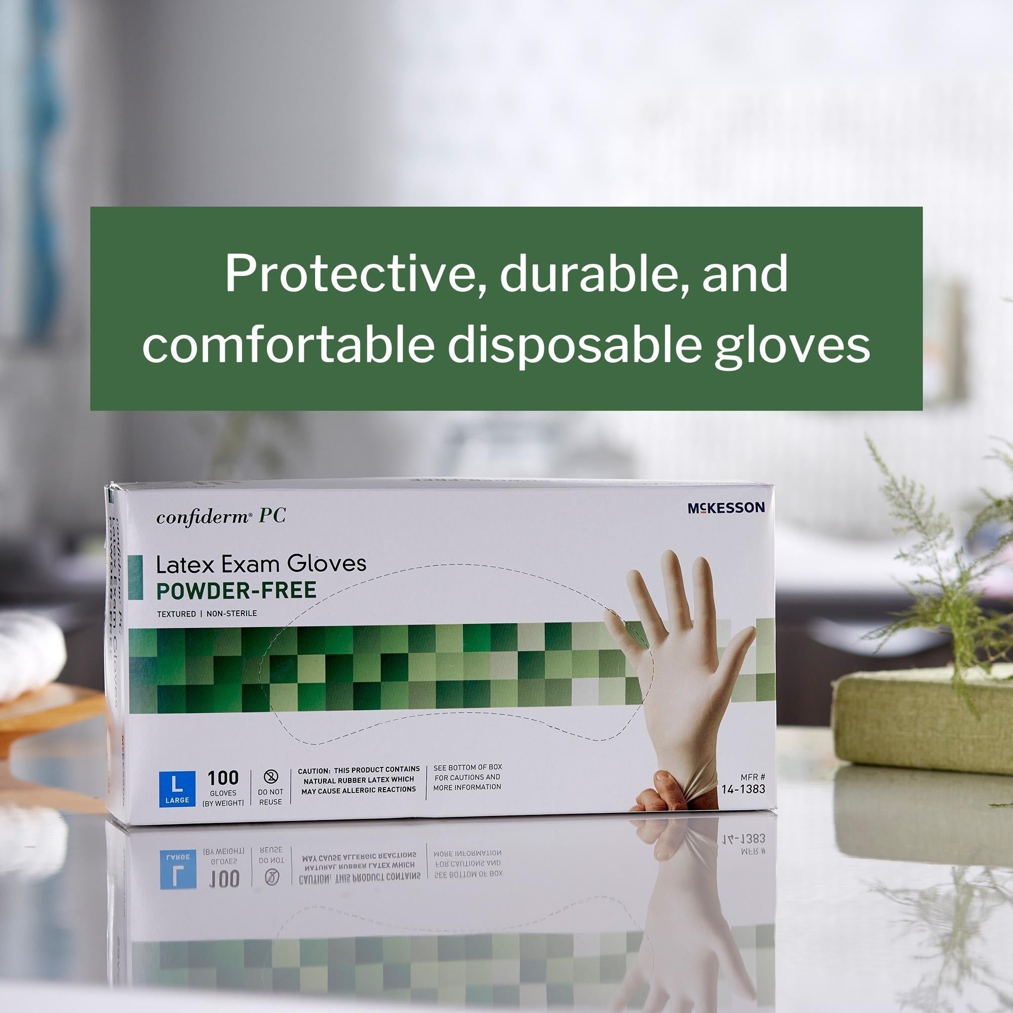 exam glove mckesson confiderm large nonsterile latex standard cuff length fully textured ivory not rated packaging type box