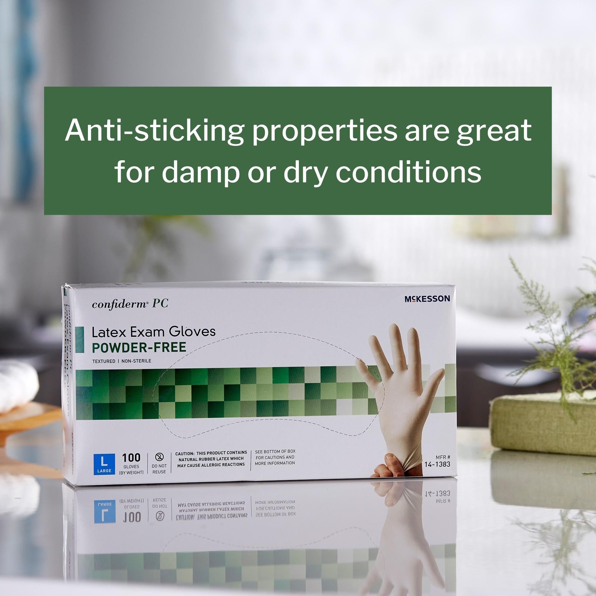 exam glove mckesson confiderm large nonsterile latex standard cuff length fully textured ivory not rated packaging type box