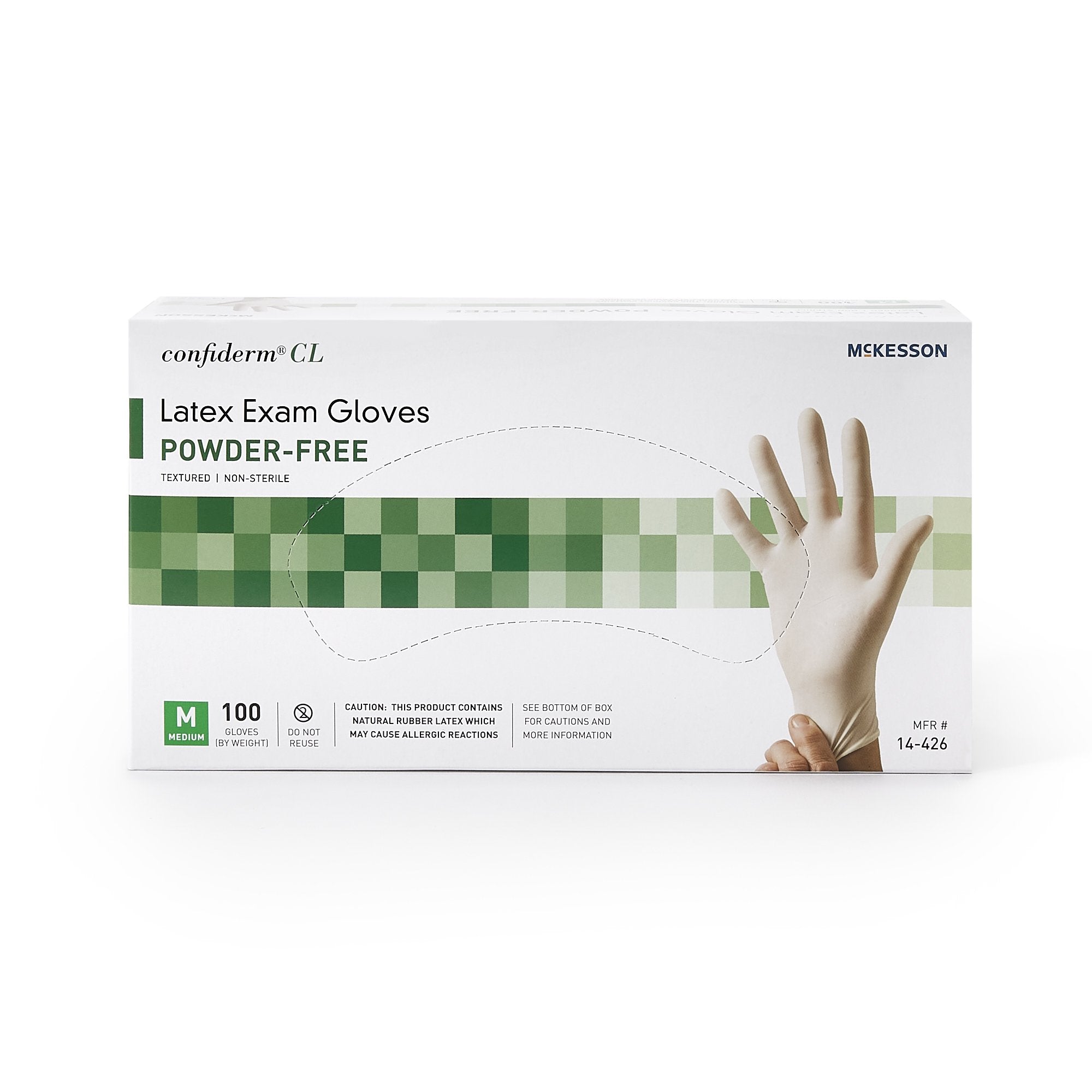 exam glove mckesson confiderm medium nonsterile latex standard cuff length textured fingertips ivory not rated packaging type box