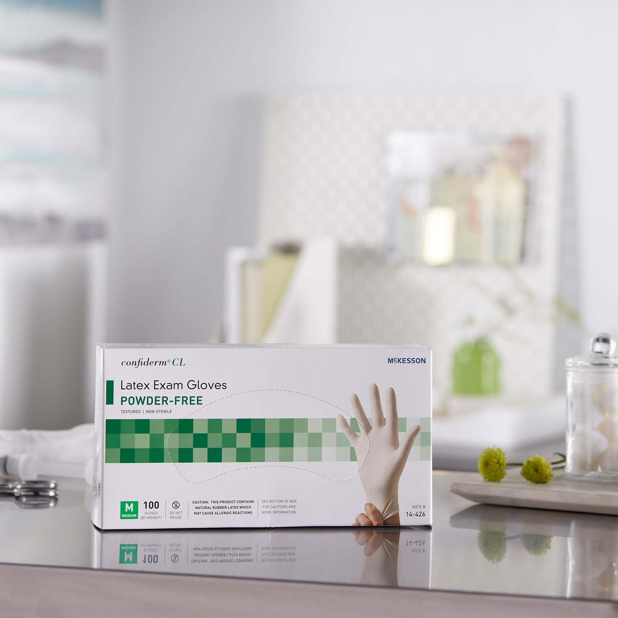 exam glove mckesson confiderm medium nonsterile latex standard cuff length textured fingertips ivory not rated packaging type box
