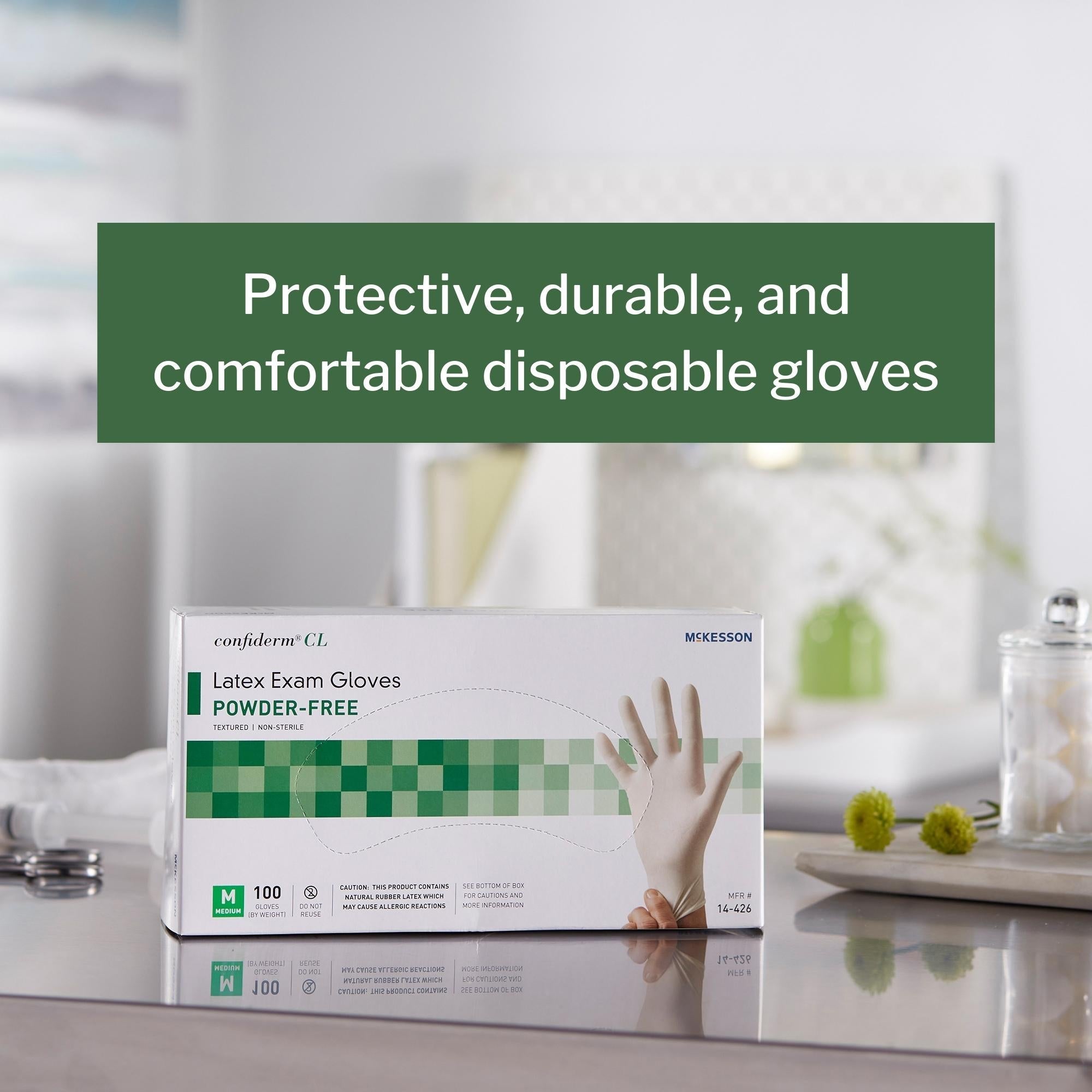 exam glove mckesson confiderm medium nonsterile latex standard cuff length textured fingertips ivory not rated packaging type box
