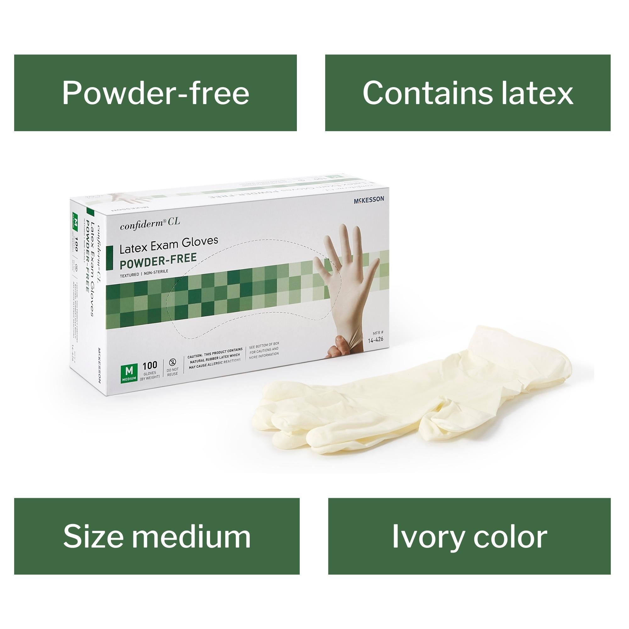 exam glove mckesson confiderm medium nonsterile latex standard cuff length textured fingertips ivory not rated packaging type box