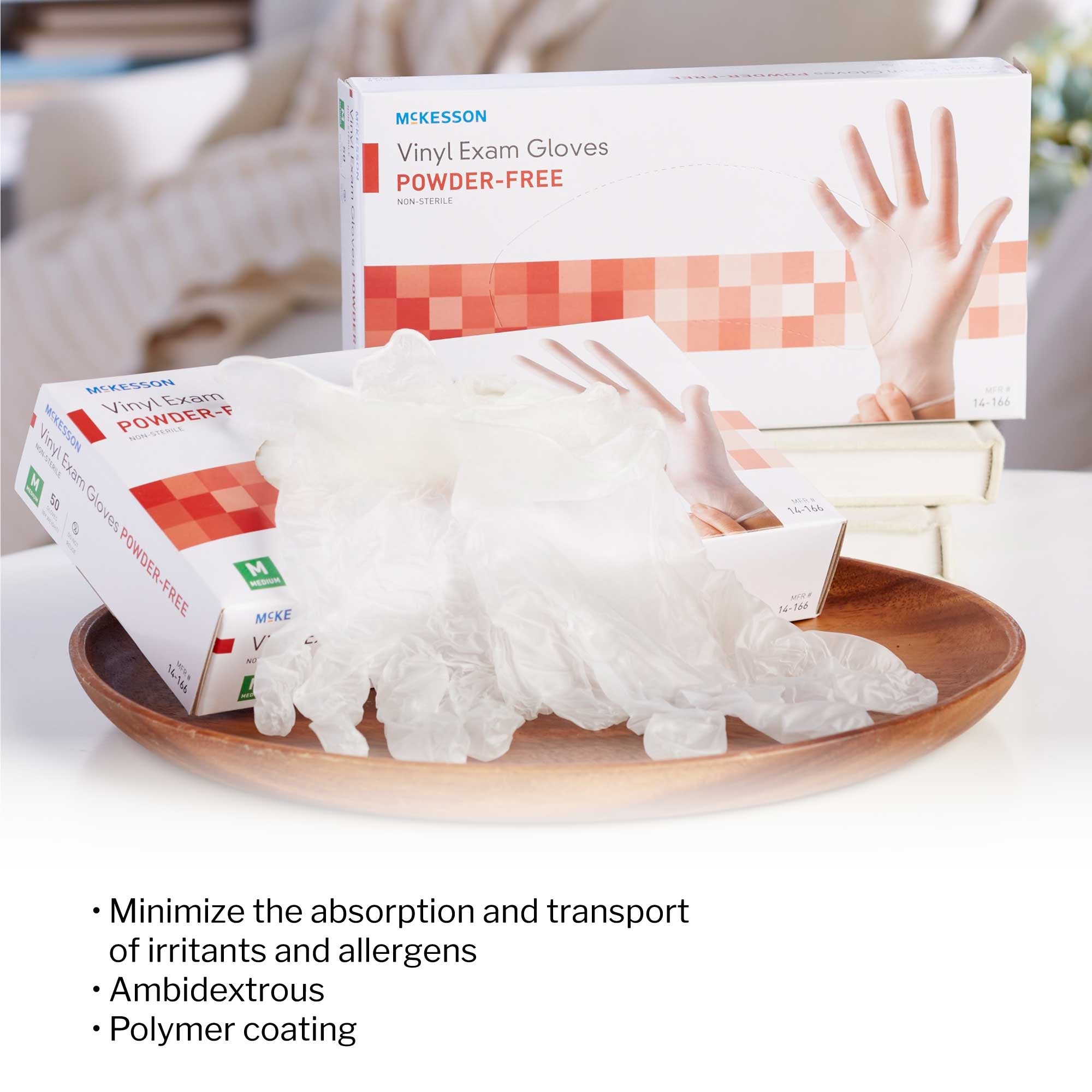 exam glove mckesson confiderm medium nonsterile vinyl standard cuff length smooth clear not rated packaging type box