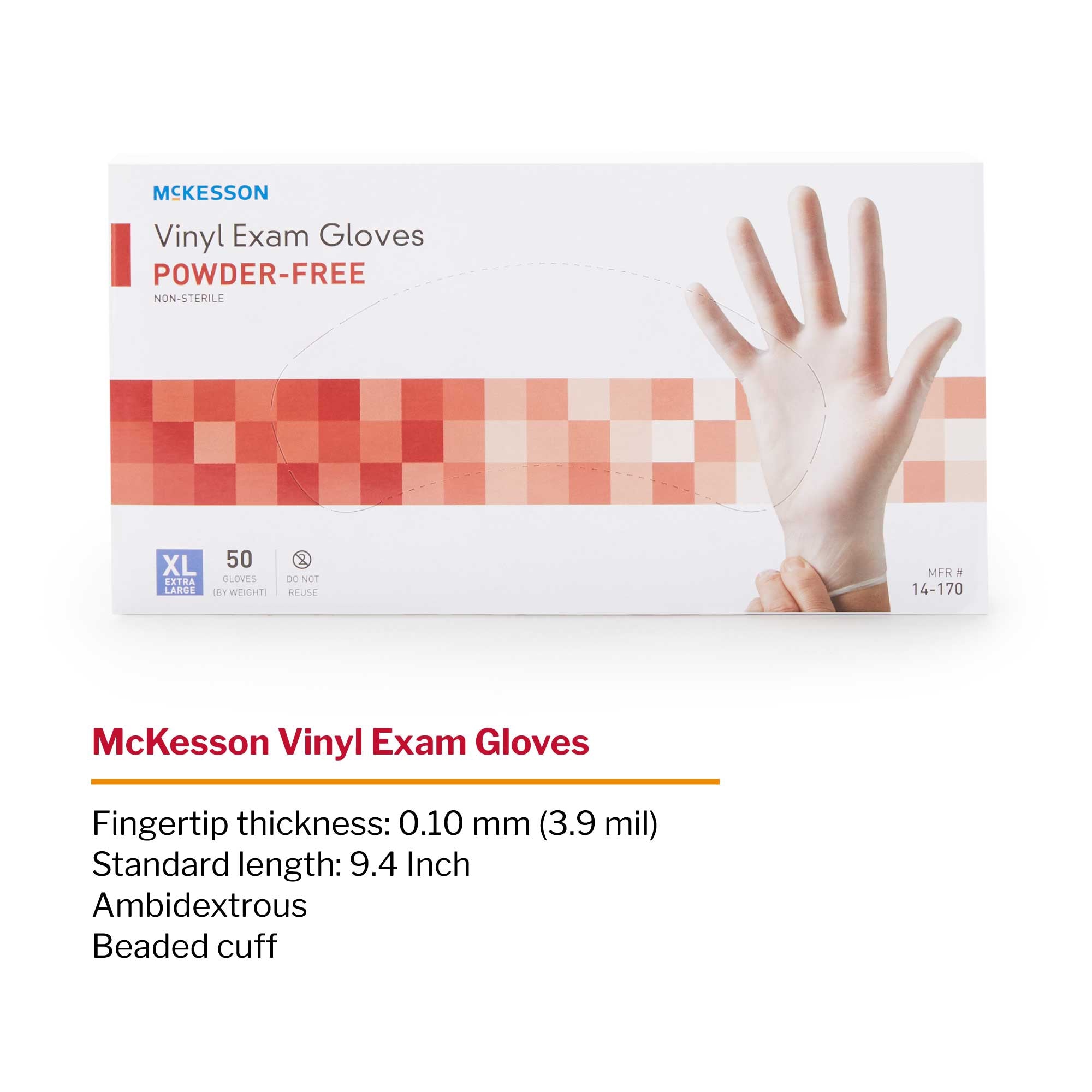 exam glove mckesson confiderm x large nonsterile vinyl standard cuff length smooth clear not rated packaging type box