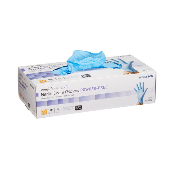 Exam Glove McKesson Confiderm 4.5C X Small NonSterile Nitrile Standard Cuff Length Textured Fingertips Blue Chemo Tested