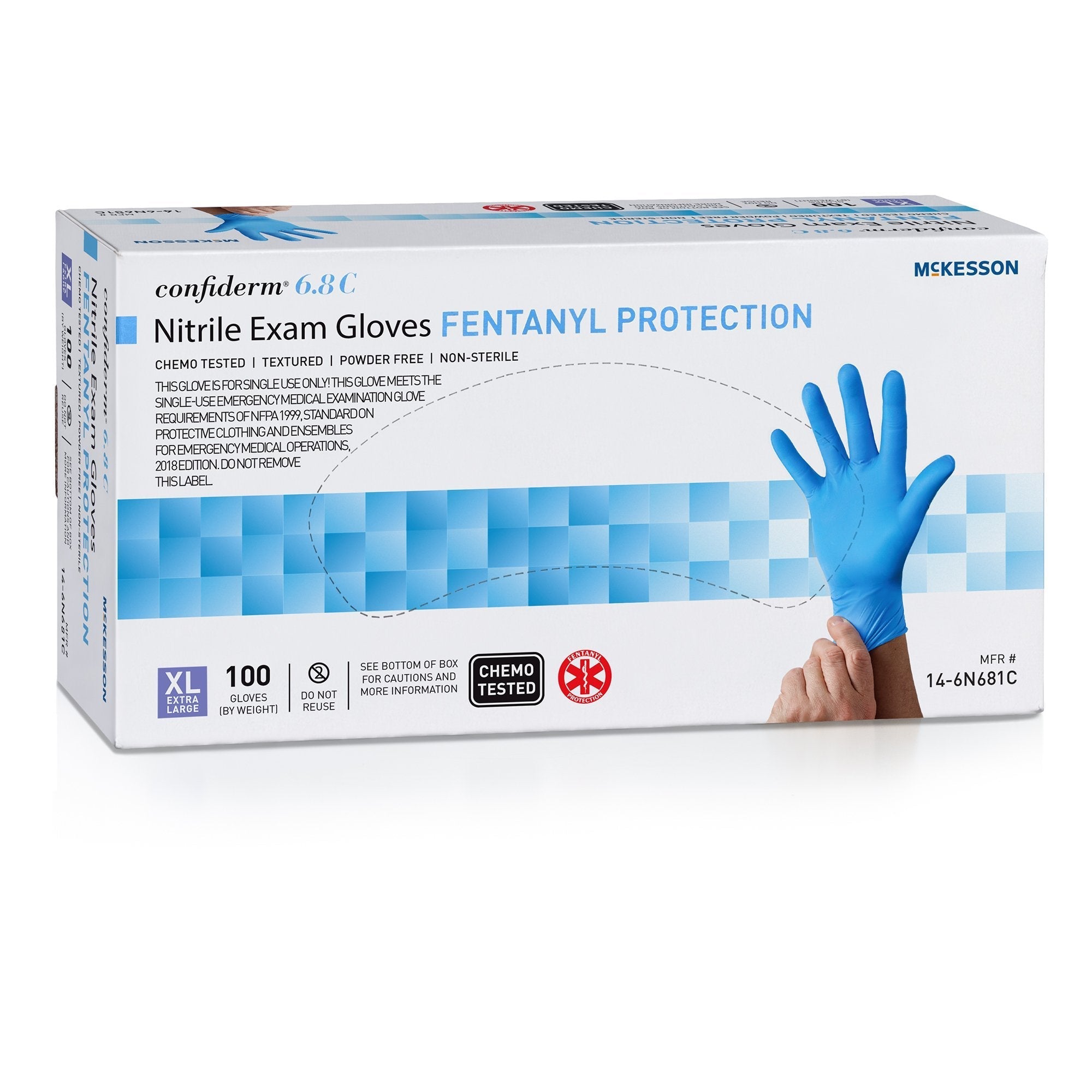 Exam Glove McKesson Confiderm 6.8C X Large NonSterile Nitrile Standard Cuff Length Fully Textured Blue Chemo Tested / Fentanyl Tested