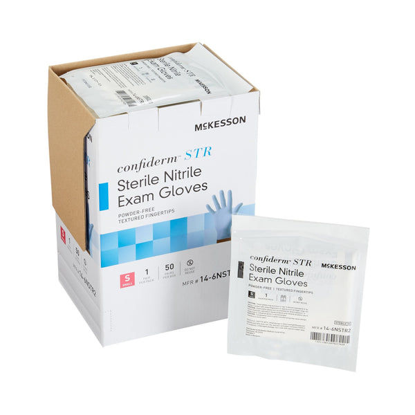 Exam Glove McKesson Confiderm STR Small Sterile Pair Nitrile Standard Cuff Length Textured Fingertips Blue Not Rated