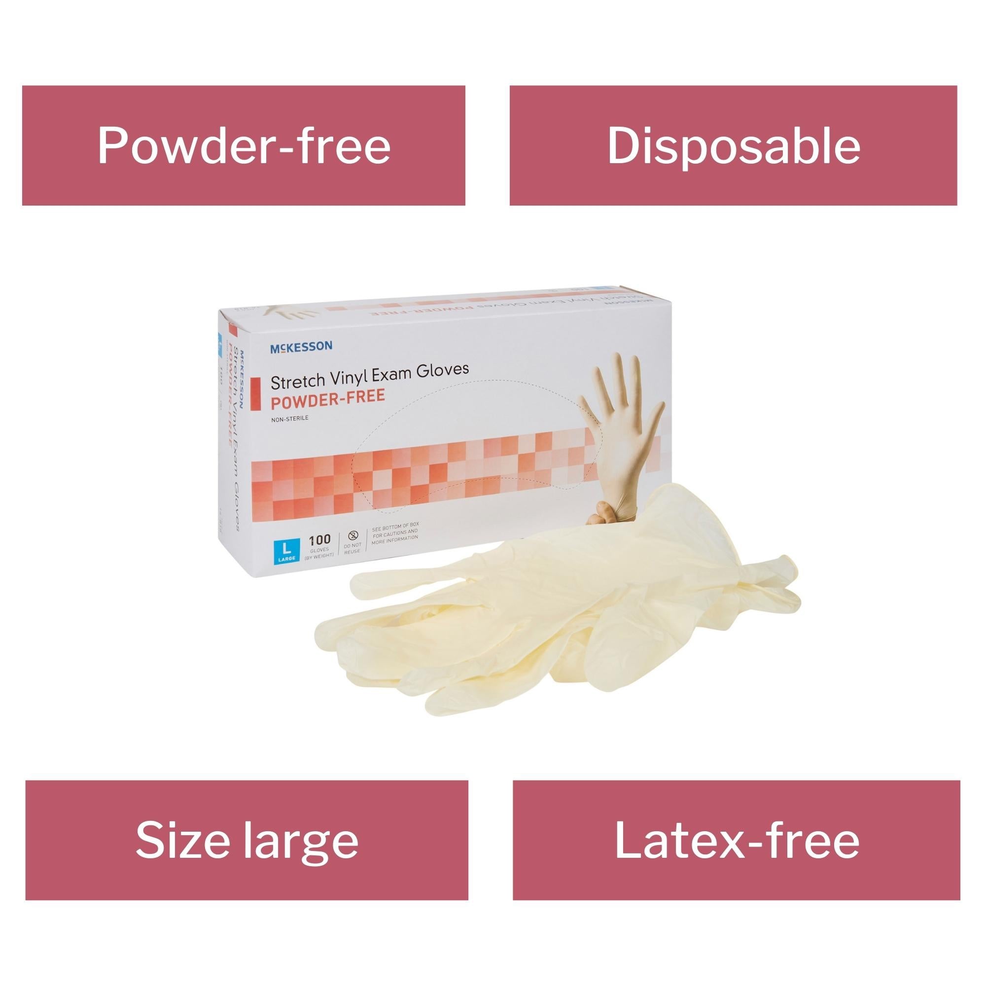 exam glove mckesson large nonsterile stretch vinyl standard cuff length smooth ivory not rated packaging type box