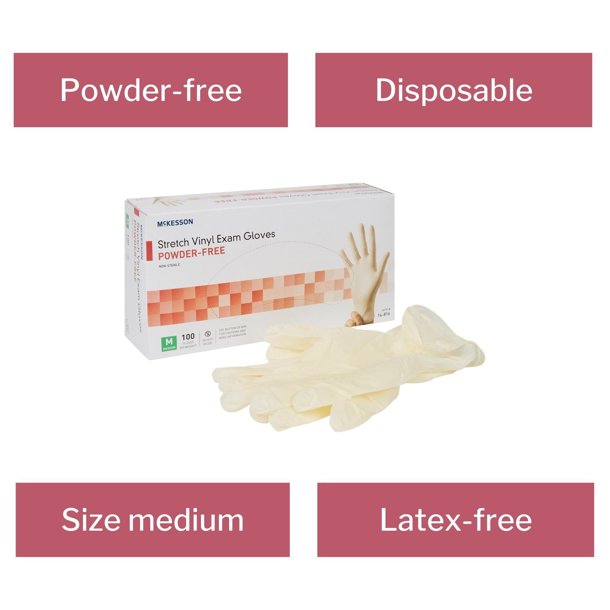 exam glove mckesson medium nonsterile stretch vinyl standard cuff length smooth ivory not rated packaging type box