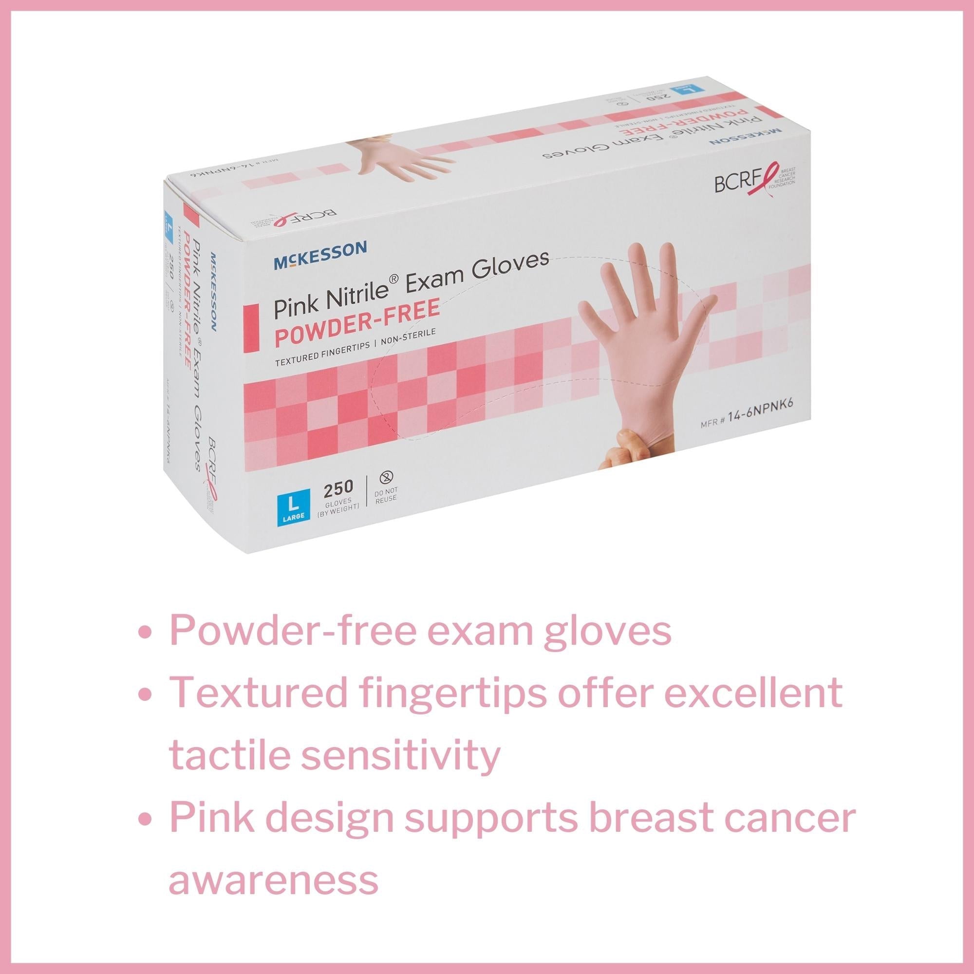 exam glove mckesson pink nitrile large nonsterile nitrile standard cuff length textured fingertips pink not rated packaging type box