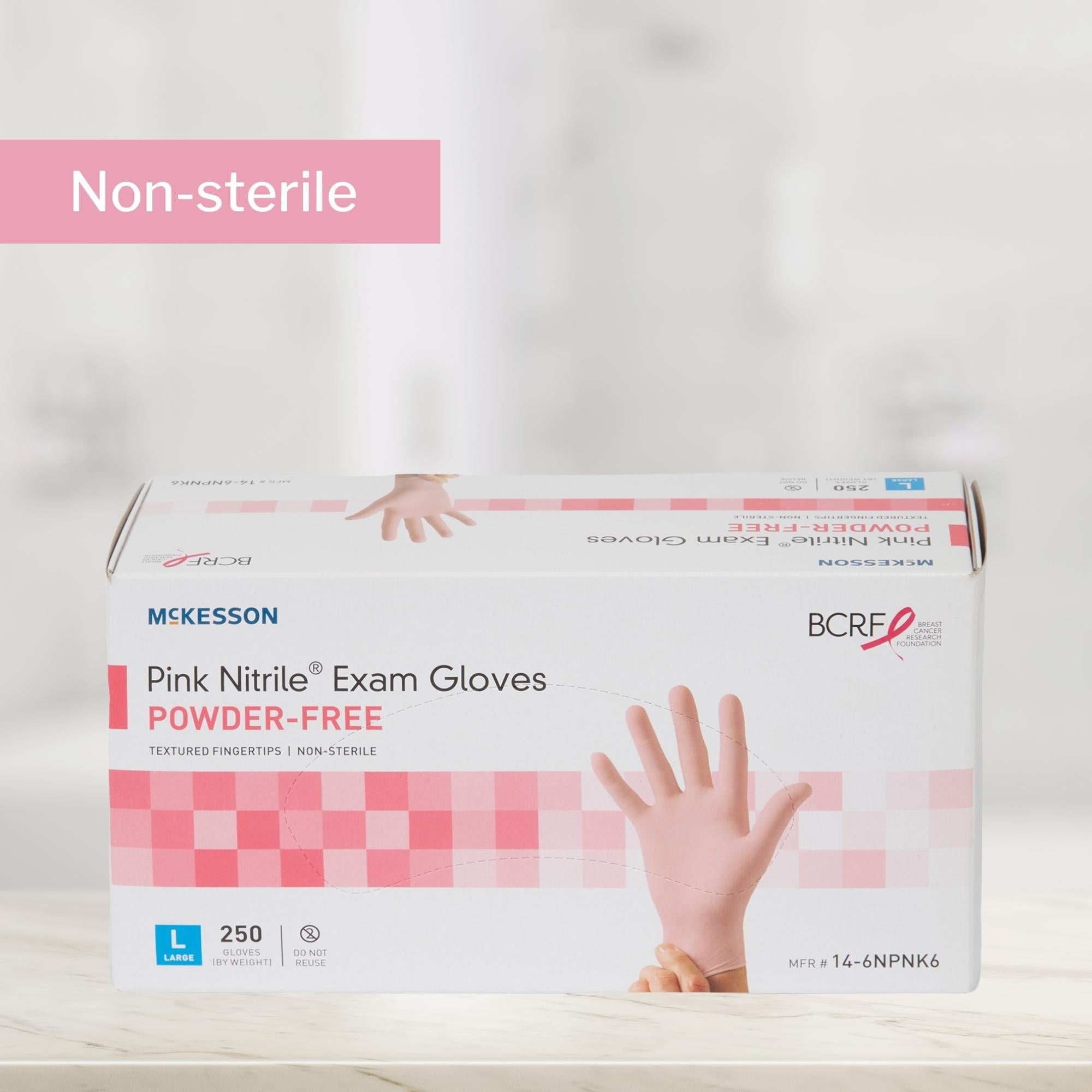 exam glove mckesson pink nitrile large nonsterile nitrile standard cuff length textured fingertips pink not rated packaging type box