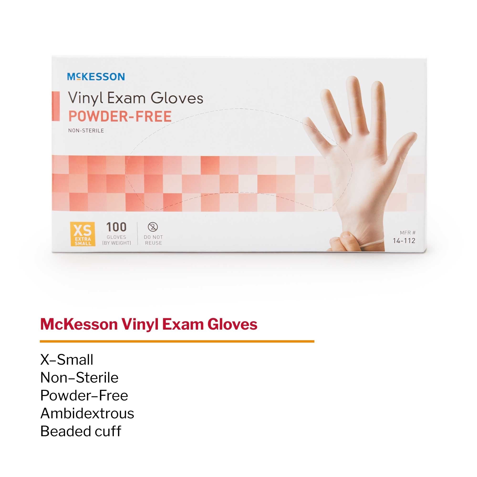 exam glove mckesson x small nonsterile vinyl standard cuff length smooth clear not rated packaging type box
