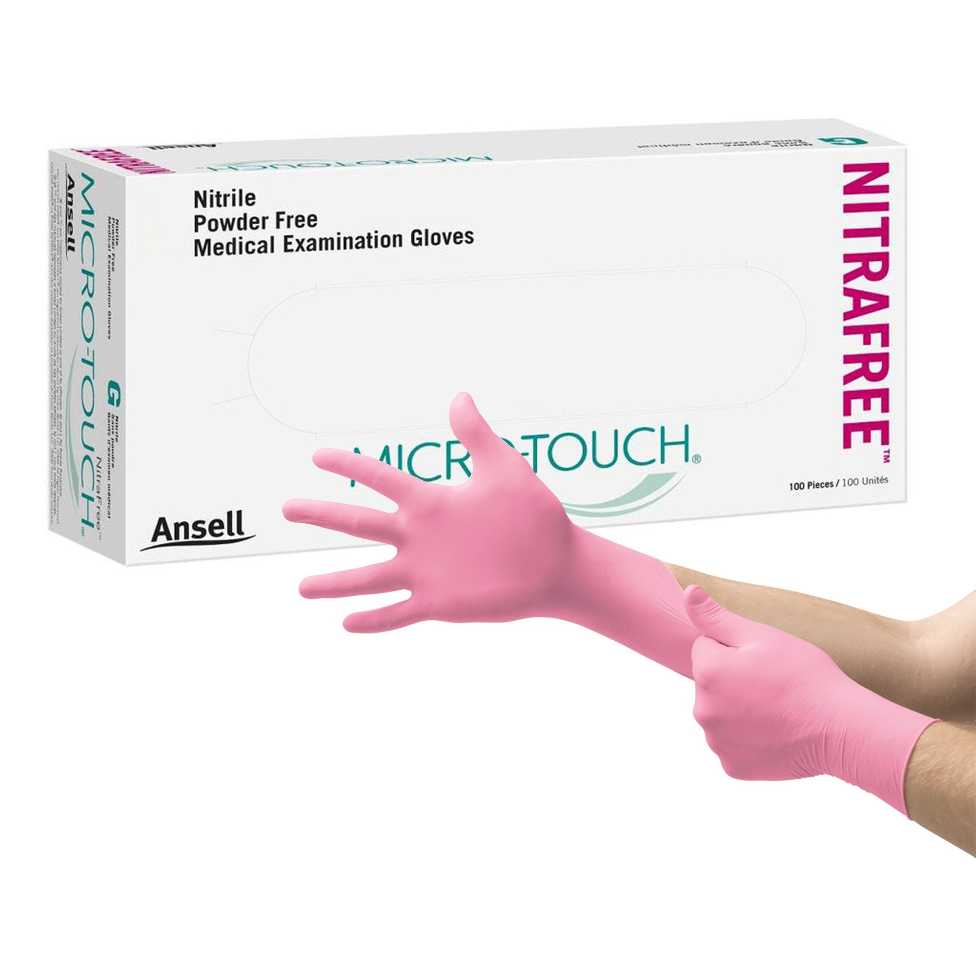 Exam Glove Micro Touch NitraFree Medium NonSterile Nitrile Standard Cuff Length Textured Fingertips Pink Chemo Tested