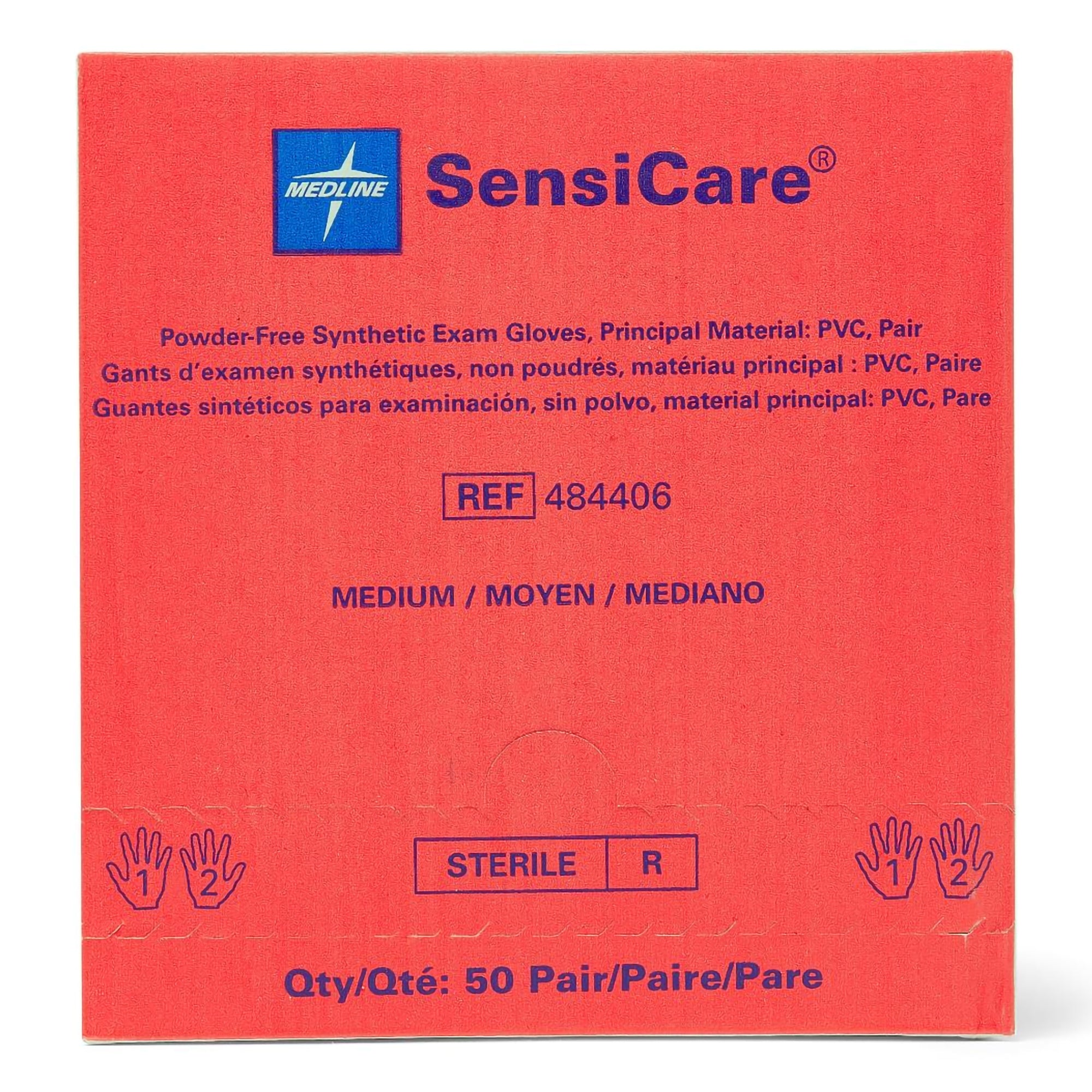 exam glove sensicare medium sterile pair stretch vinyl standard cuff length smooth beige not rated packaging type box
