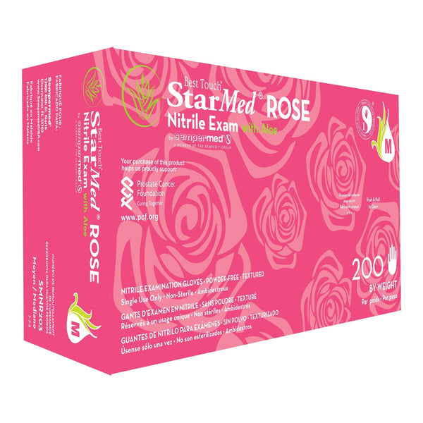 Exam Glove StarMed Rose Medium NonSterile Nitrile Standard Cuff Length Textured Fingertips Pink Not Rated