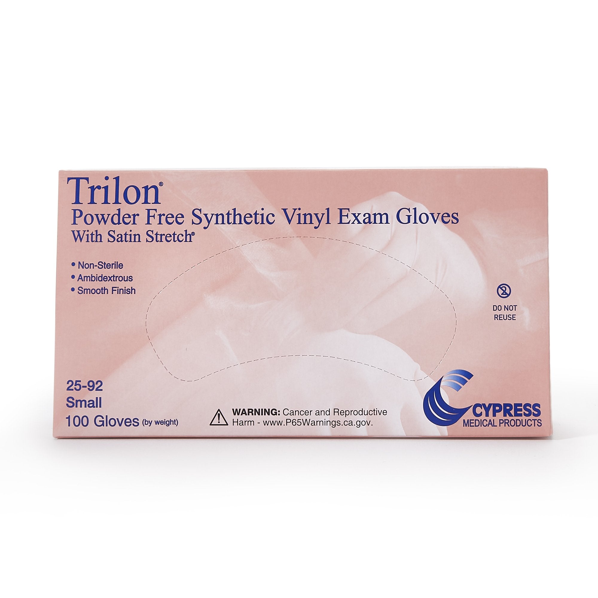 exam glove trilon small nonsterile vinyl standard cuff length smooth clear not rated with prop 65 warning packaging type box
