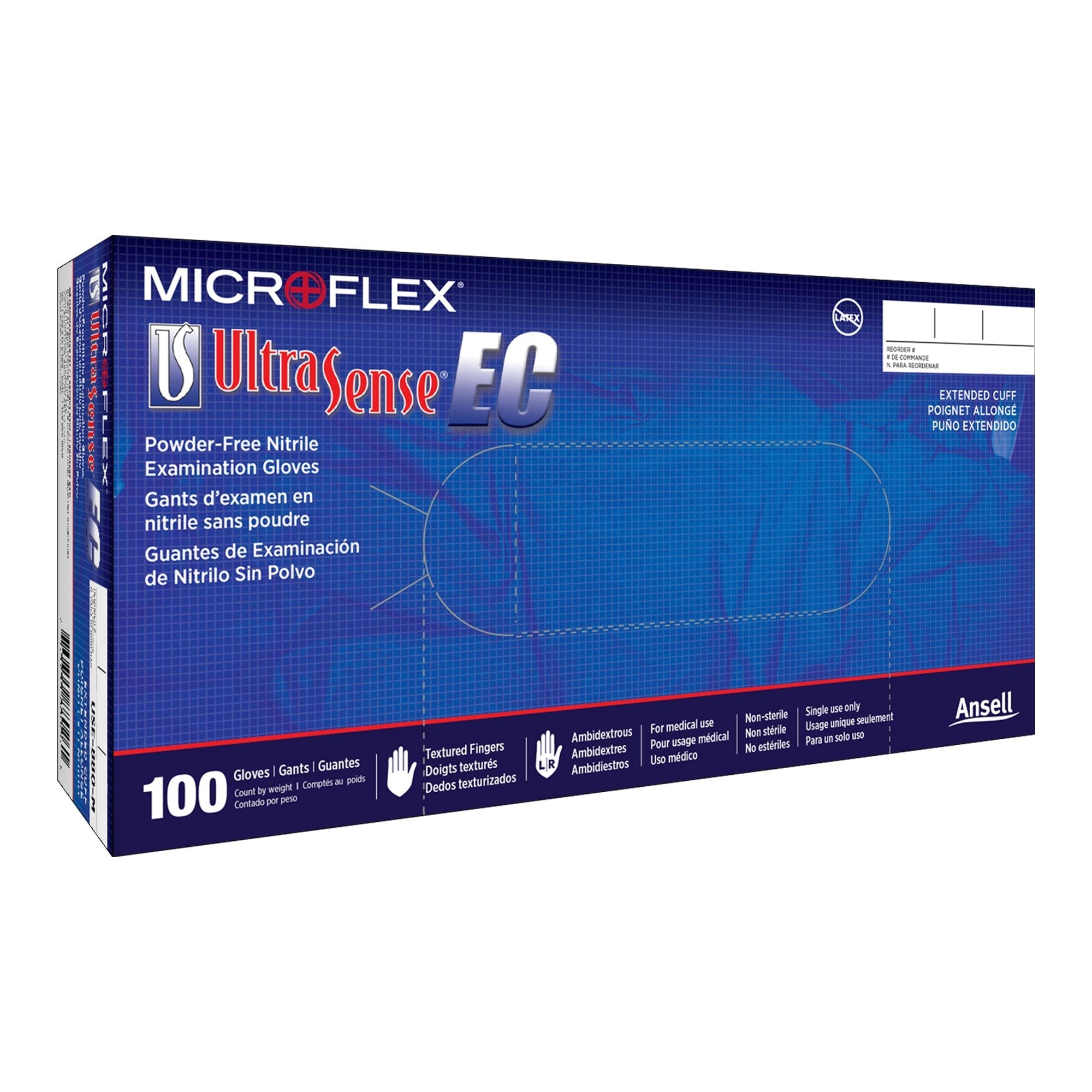 Exam Glove Ultrasense EC Medium NonSterile Nitrile Extended Cuff Length Textured Fingertips Blue Not Rated