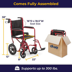 Drive Medical Expedition Aluminum Transport Wheelchair with Padded armrests and Swing-away Footrests ,12 inch Rear Wheels ,300 lbs Weight Capacity