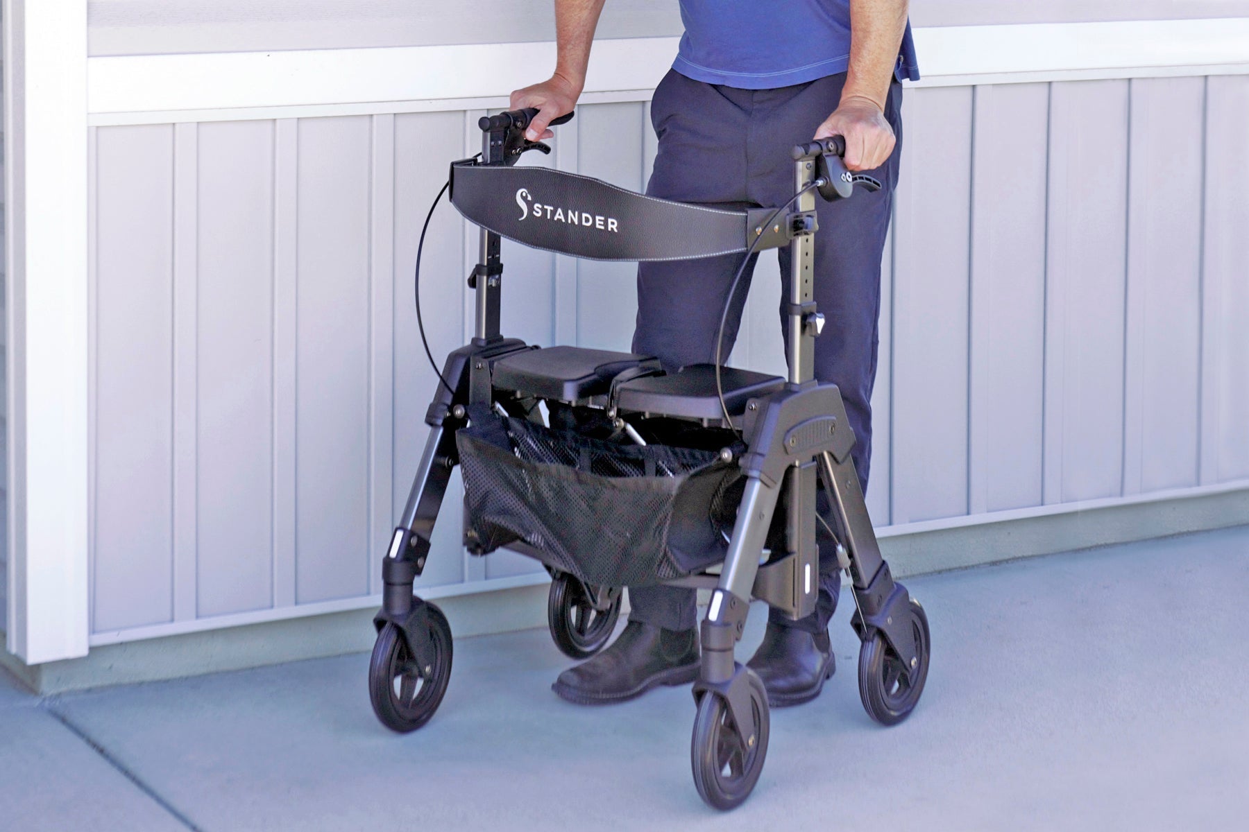 Stander EZ FOLD-N-GO Aluminium Rollator For Seniors and Elders, Wheel size 8inch With Height Adjustable from 10" to 14", Weight Capacity 500lbs, Black Walnut Color, 4360
