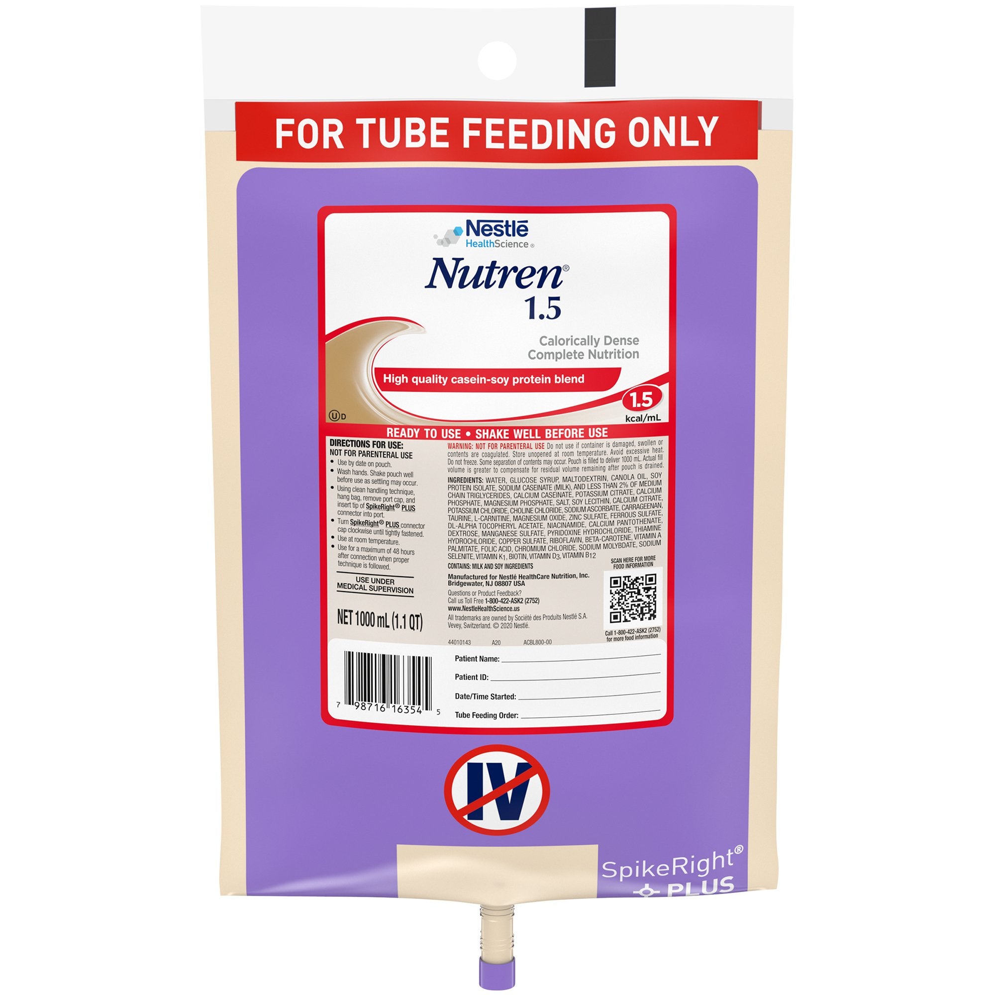 Tube Feeding Formula Nutren 1.5 Unflavored Liquid 1000 mL Ready to Hang Prefilled Container, Packaging Type- Case