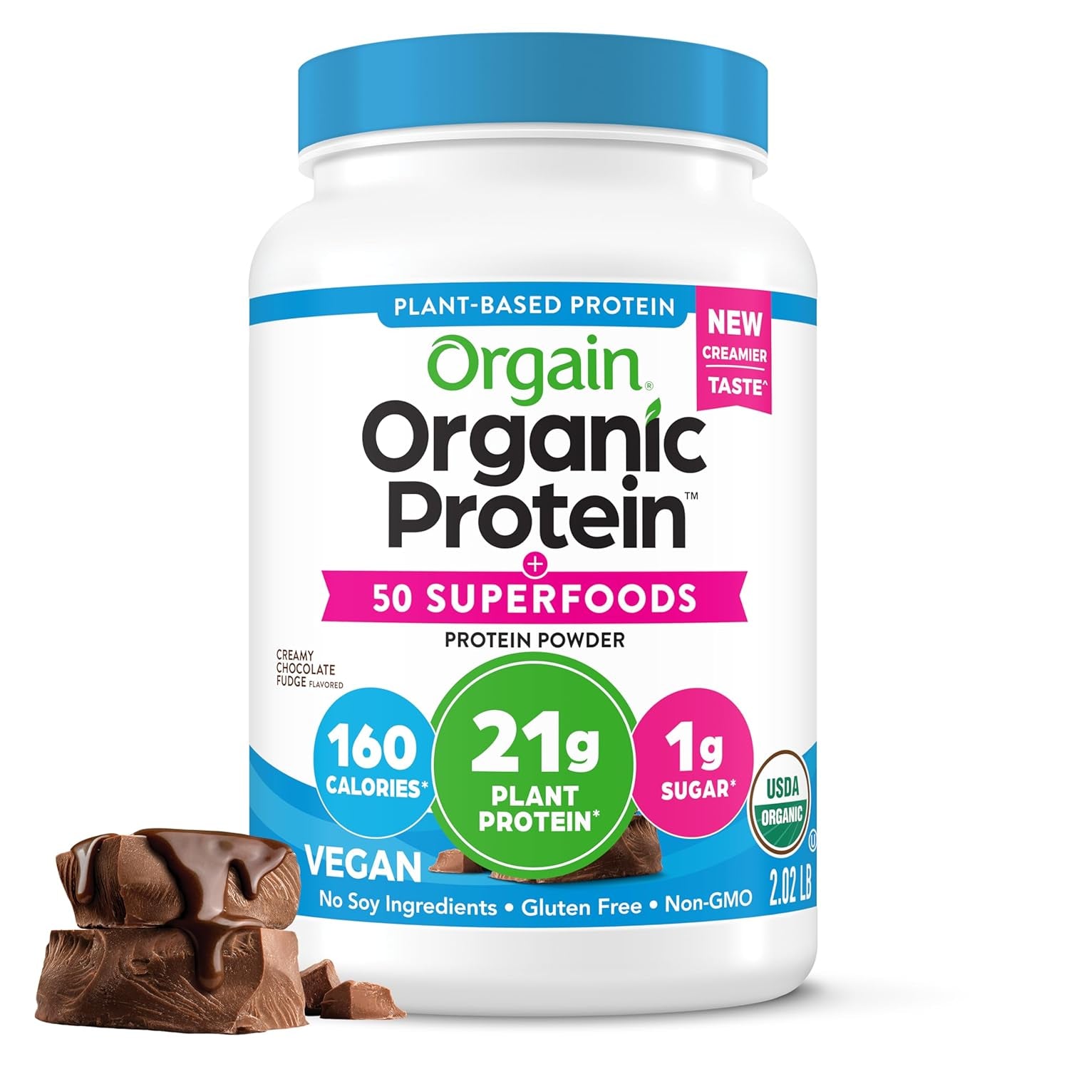 Organic Vegan Protein + 50 Superfoods Powder, Creamy Chocolate Fudge - 21G Plant Based Protein, 10G Prebiotic Fiber, No Lactose Ingredients, Gluten Free, No Added Sugar, Non-Gmo, 2.02 Lb