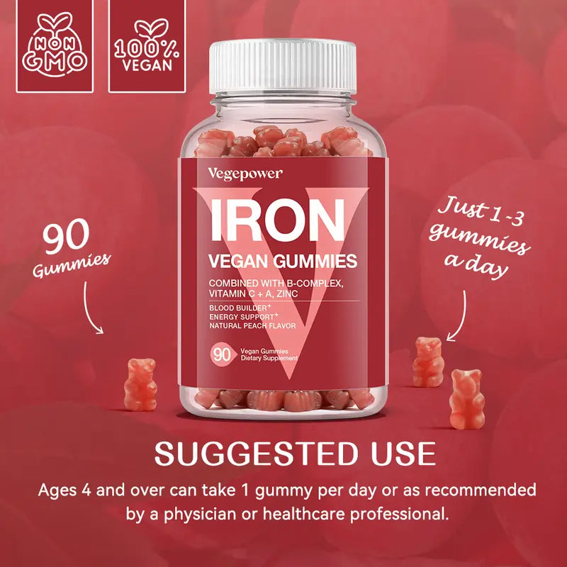 Vegan Iron Gummies Supplement - with Vitamin C, A, B-Complex, Folate, Zinc for Adults & Kids - Blood Builder & Energy Support for Iron Deficiency, Anemia, No after Taste - Peach Flavor (90 Ct) Healthcare Dietary