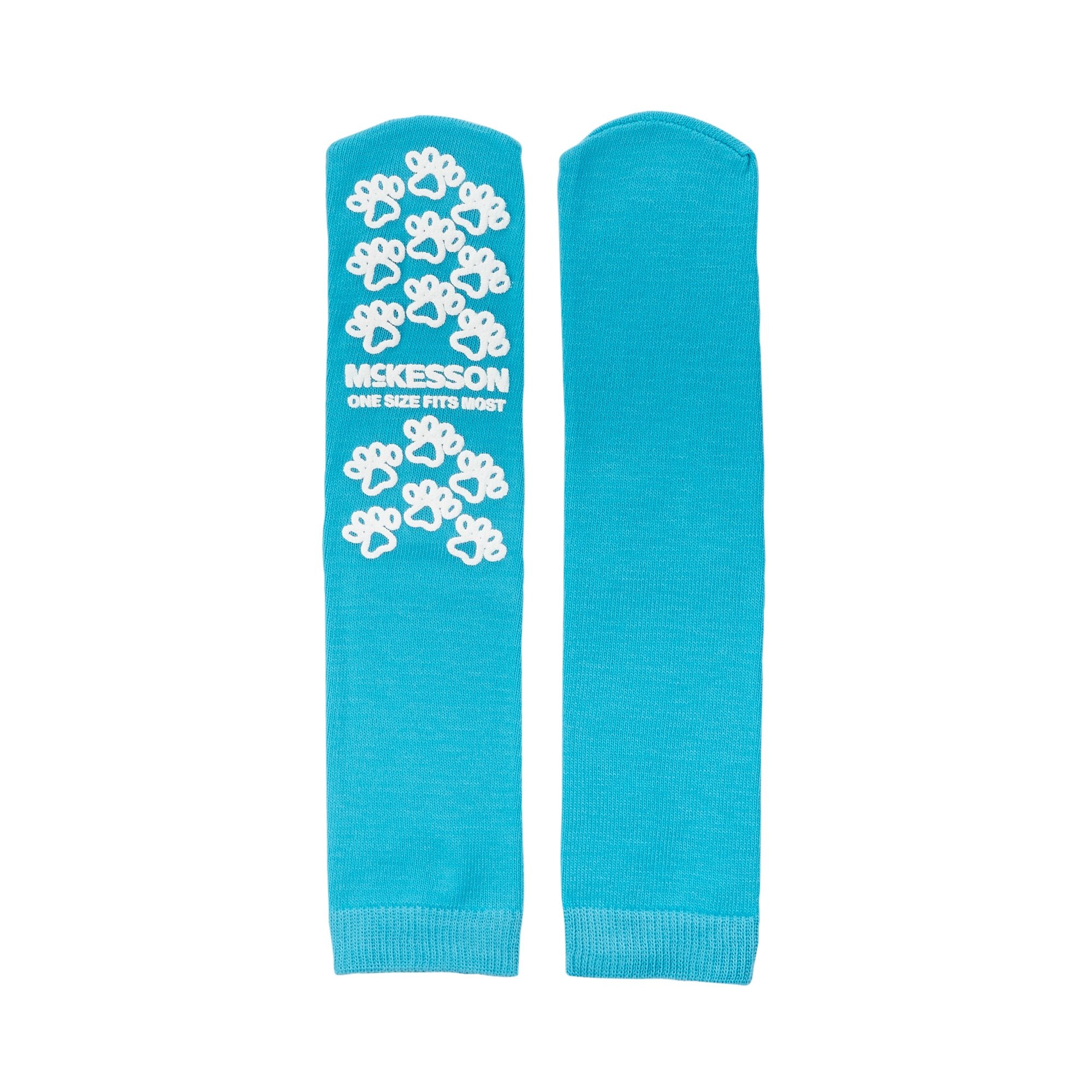 Slipper Socks McKesson Paw Prints Unisex Adult One Size Fits Most Single Tread Single Patient Use Teal, Packaging Type- Case