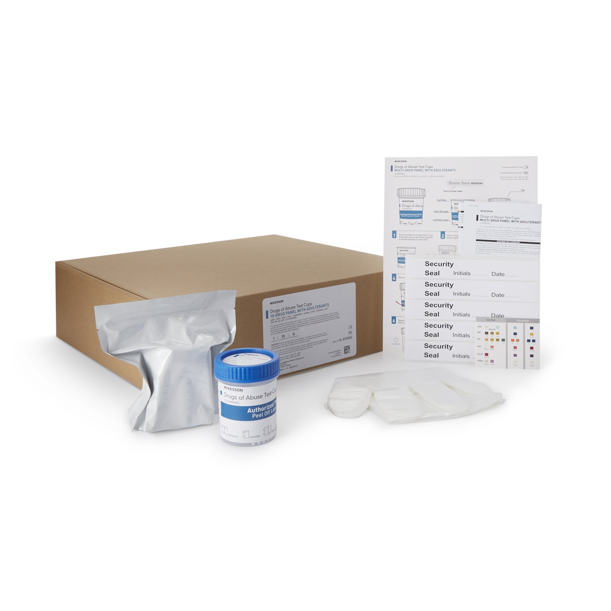 Drugs of Abuse Test Kit McKesson AMP, BUP, BZO, COC, mAMP/MET, MDMA, MTD, MOP300, OXY, THC (OX, pH, SG) 25 Tests CLIA Waived, Packaging Type- Box