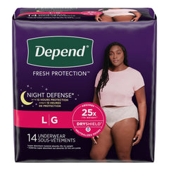 female adult absorbent underwear depend night defense waistband style large disposable heavy absorbency packaging type case