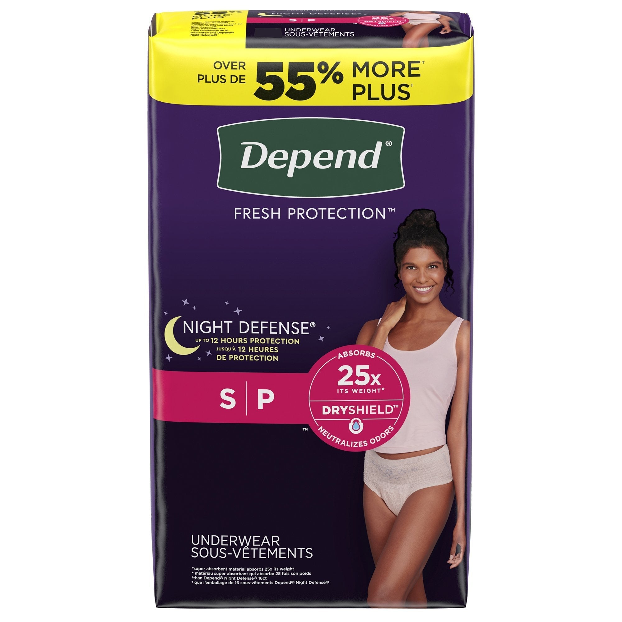 female adult absorbent underwear depend night defense waistband style small disposable heavy absorbency packaging type case