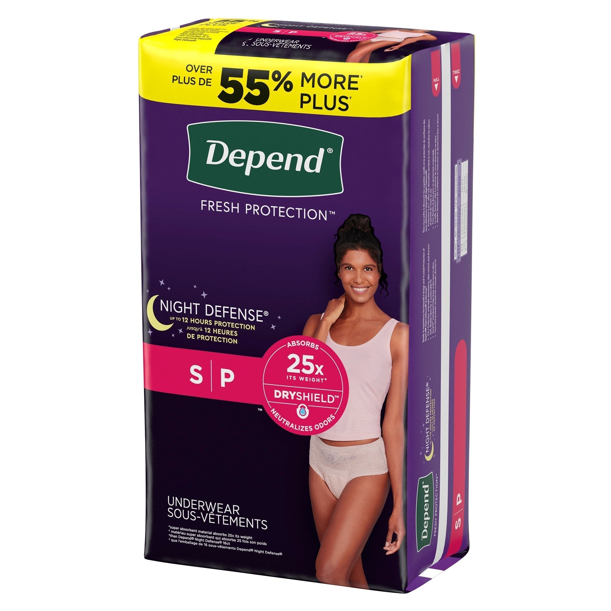 female adult absorbent underwear depend night defense waistband style small disposable heavy absorbency packaging type case