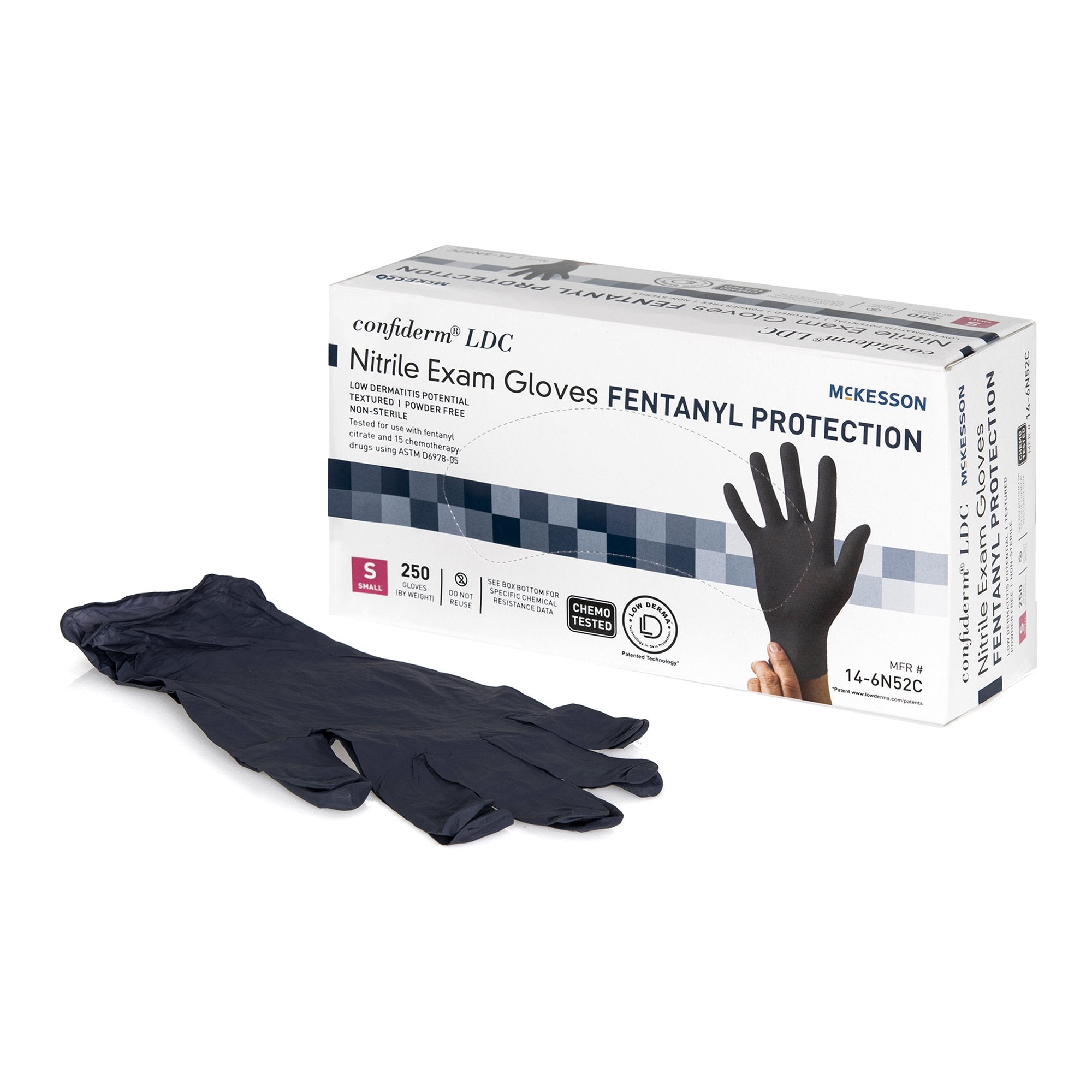 Exam Glove McKesson Confiderm LDC Small NonSterile Nitrile Standard Cuff Length Fully Textured Black Chemo Tested / Fentanyl Tested, Packaging Type- Box