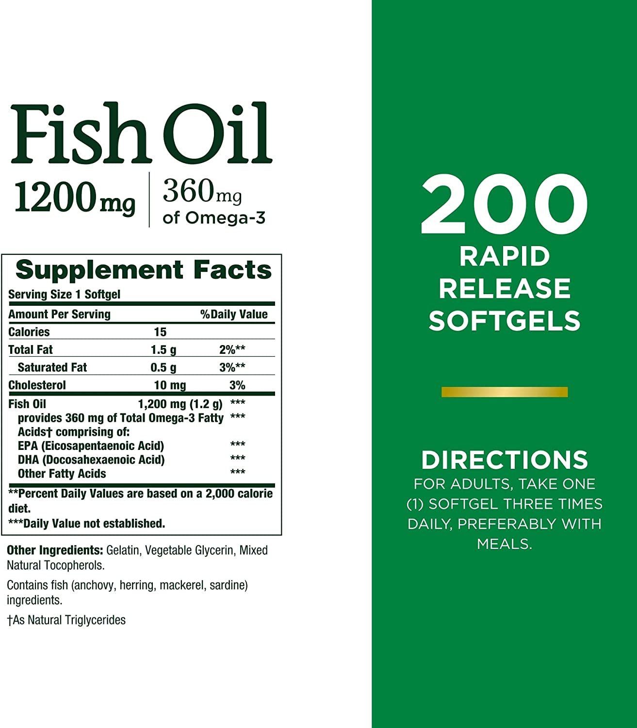 Fish Oil, Supports Heart Health, 1200 Mg, 360 Mg Omega 3, Rapid Release Softgels, 200 Ct