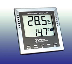 Digital Thermometer / Hygrometer with Alarm Fisher Scientific Traceable Fahrenheit / Celsius  40° to +158°F ( 40° to +70°C) Internal Sensors Desk / Wall Mount Battery Operated