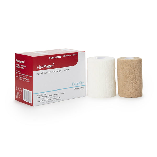2 Layer Compression Bandage System FlexPress2 4 Inch X 7 1/10 Yard / 4 Inch X 8 9/10 Yard Self Adherent Closure Tan / White NonSterile Standard Compression