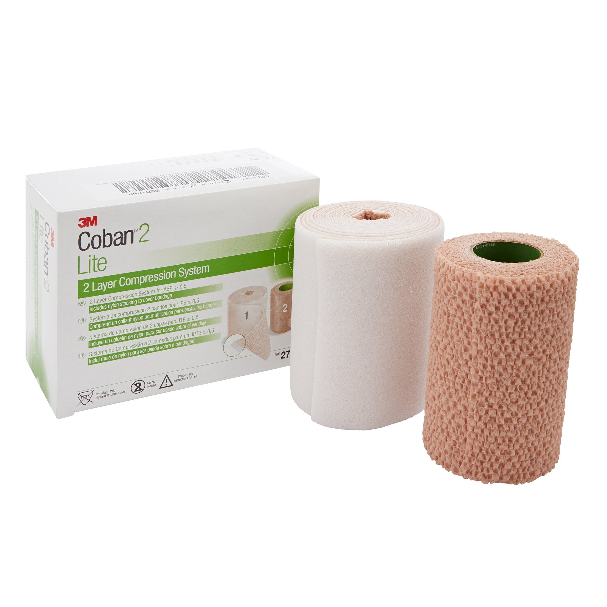 2 Layer Compression Bandage System 3M Coban2 Lite 4 Inch X 2-9/10 Yard / 4 Inch X 5-1/10 Yard Self-Adherent / Pull On Closure Tan / White NonSterile 25 to 30 mmHg, Packaging Type- Box