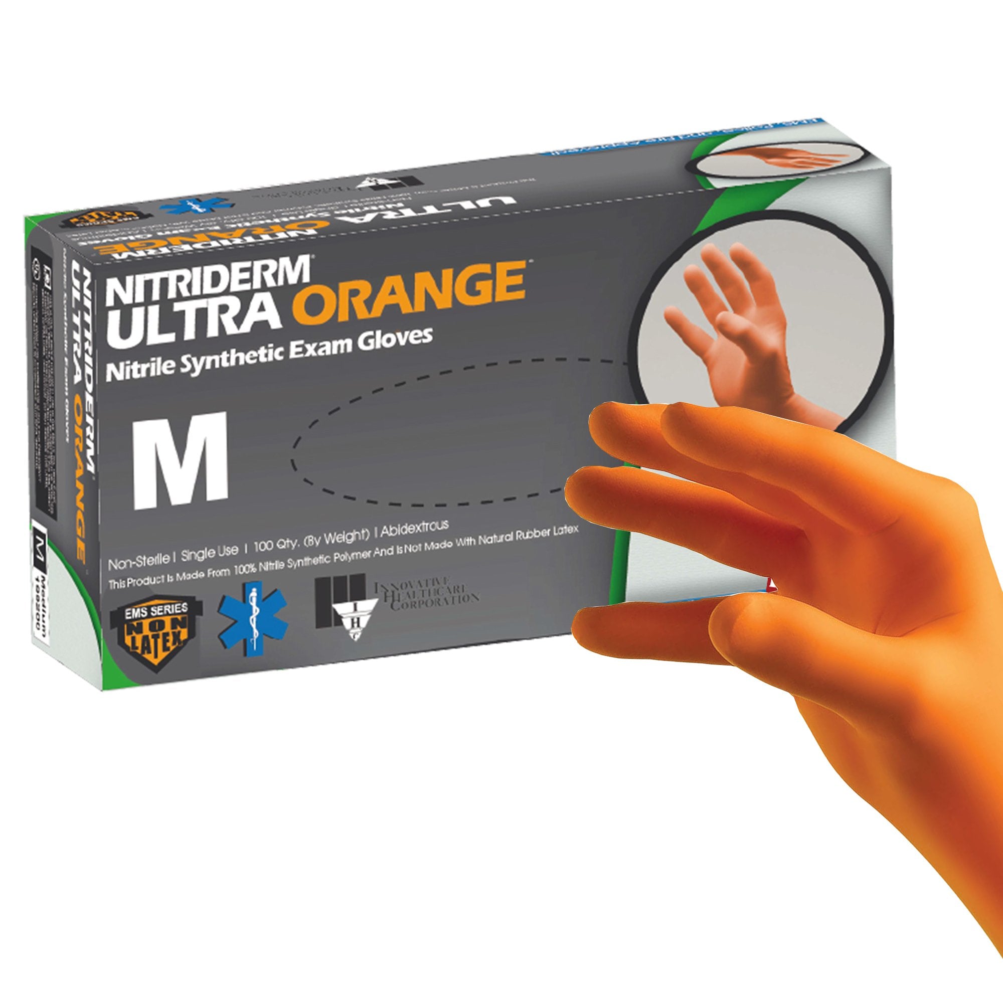 Exam Glove NitriDerm Ultra Orange Medium NonSterile Nitrile Standard Cuff Length Fully Textured Orange Fentanyl Tested, Packaging Type- Box