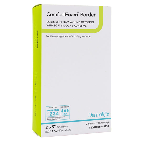 Foam Dressing ComfortFoam Border 2 X 5 Inch With Border Waterproof Backing Silicone Adhesive Rectangle Sterile