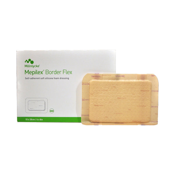Foam Dressing Mepilex Border Flex 6 X 8 Inch With Border Film Backing Silicone Adhesive Rectangle Sterile