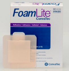 Thin Foam Dressing FoamLite 4 X 4 Inch With Border Film Backing Silicone Adhesive Square Sterile